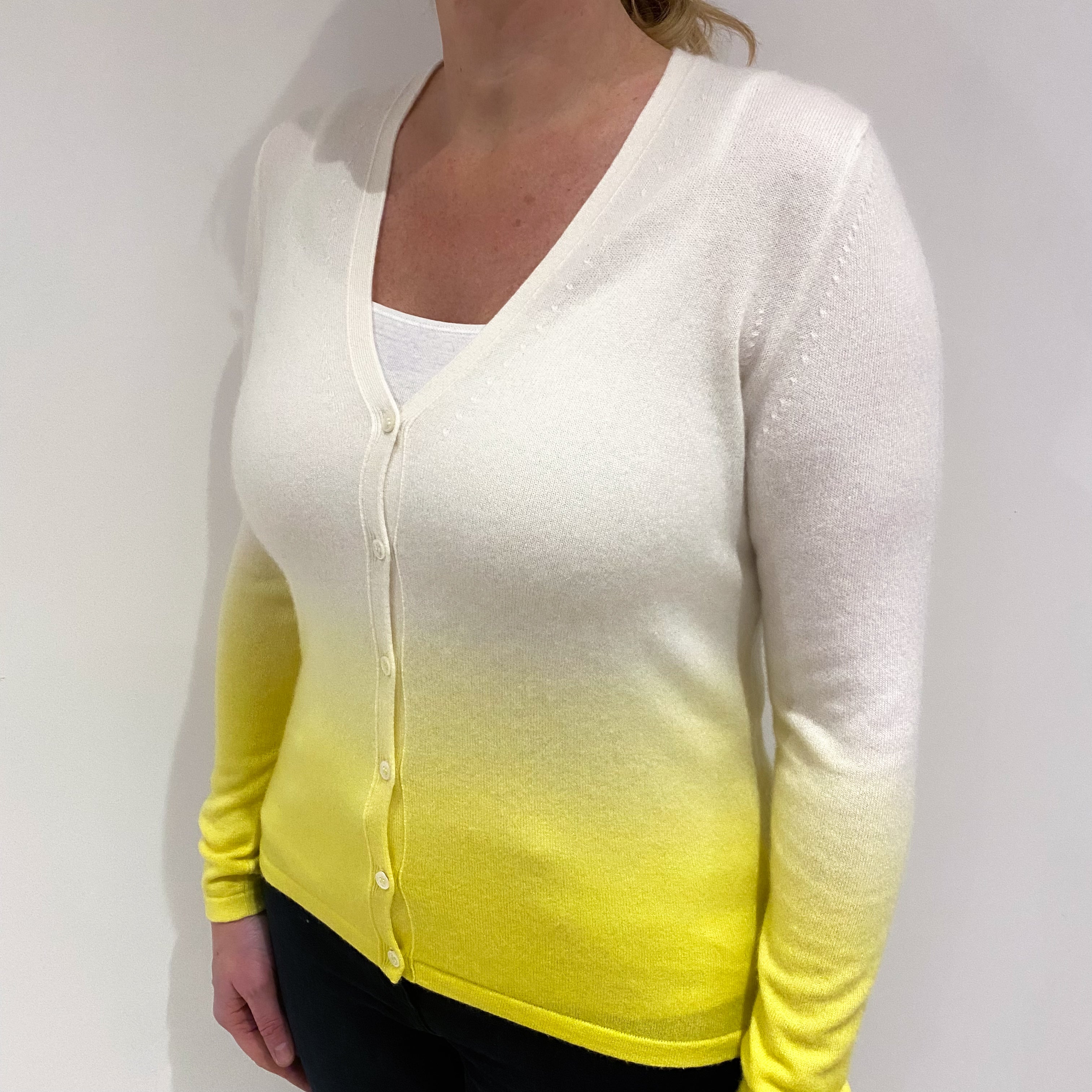 New Pure Cream to Yellow Ombre Cashmere V-Neck Cardigan Large