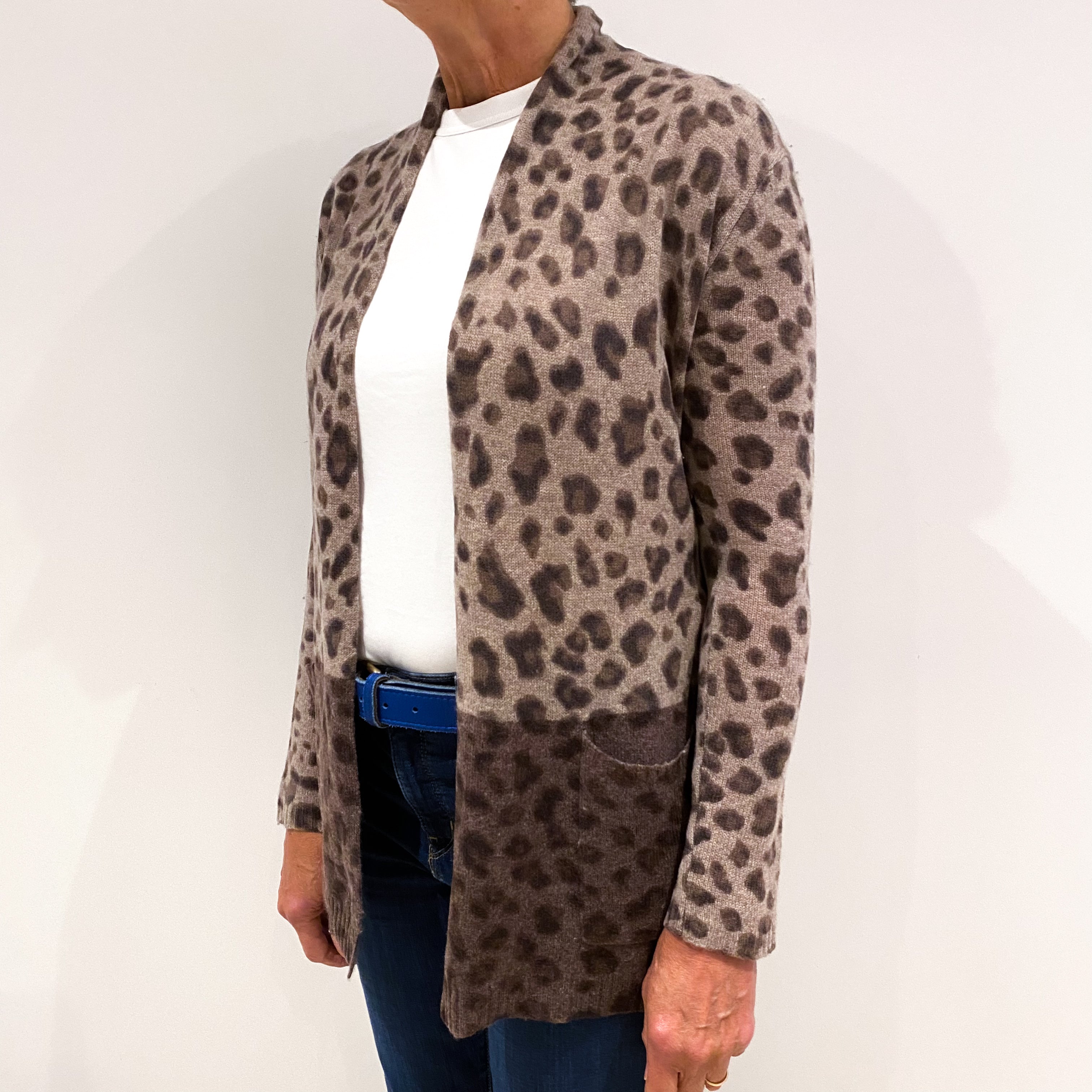 Brown Leopard Print Cashmere Edge to Edge Cardigan Medium
