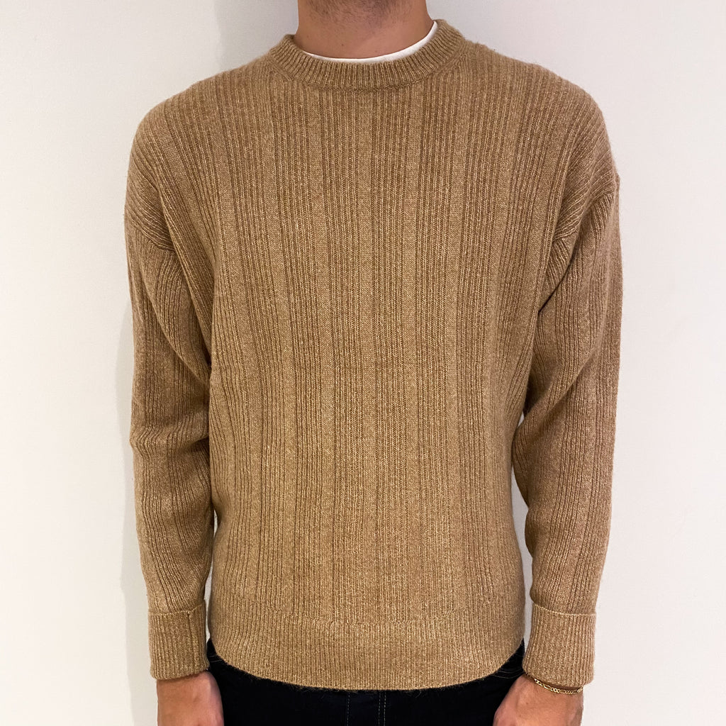 Men's Camel Brown Rib Cashmere Crew Neck Jumper Medium
