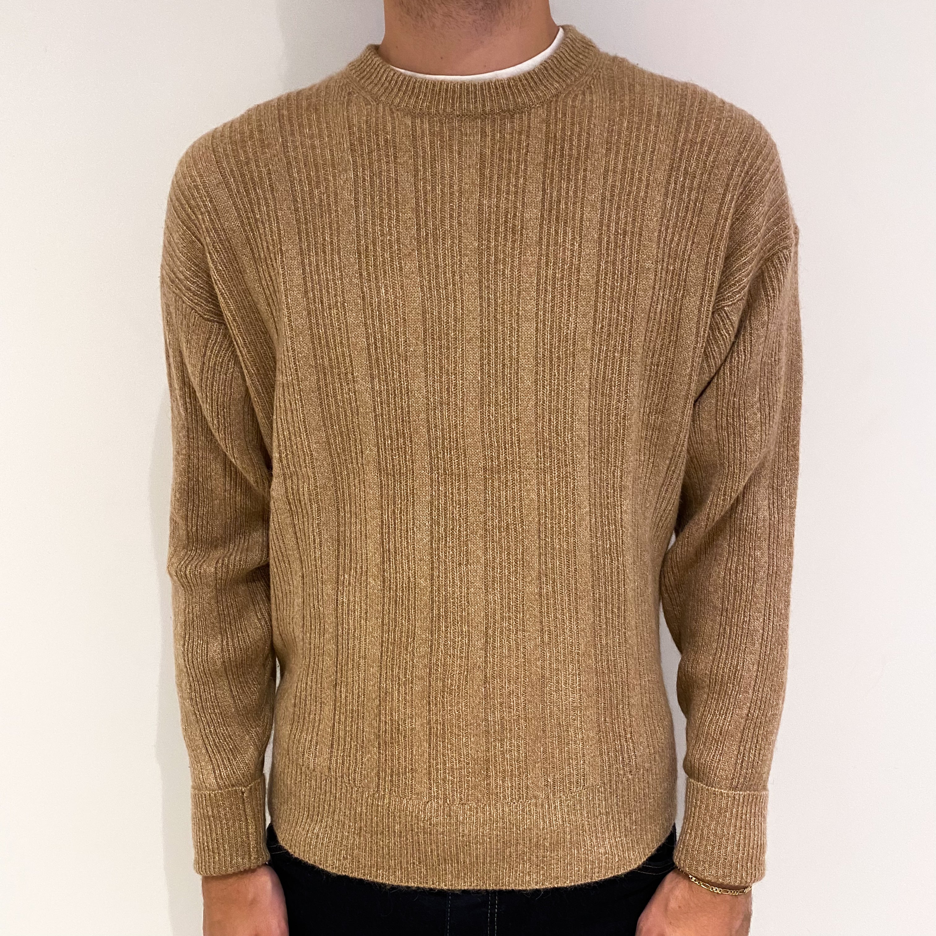 Men's Camel Brown Rib Cashmere Crew Neck Jumper Medium