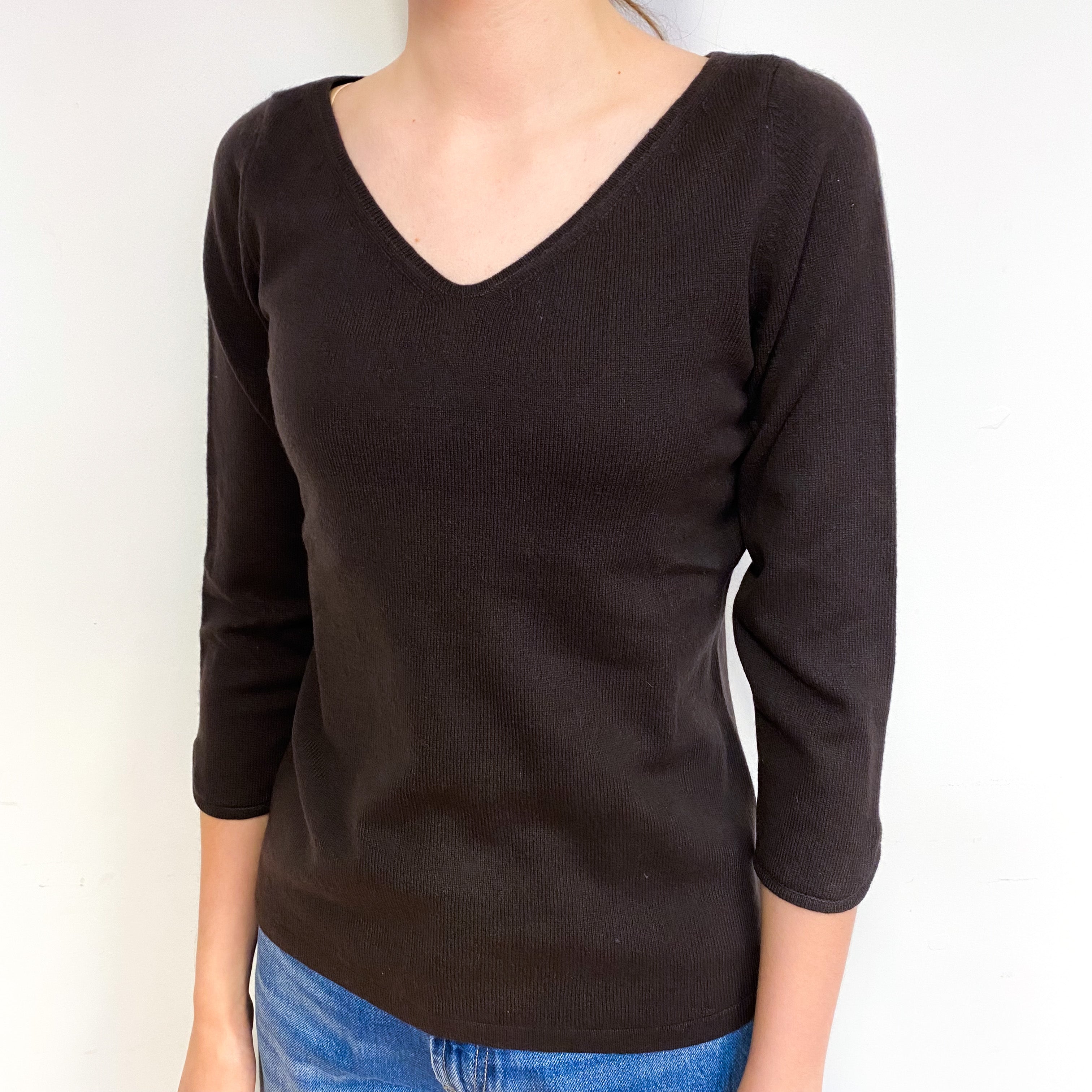 Chocolate Brown 3/4 Sleeve Cashmere V-Neck Jumper Extra Small