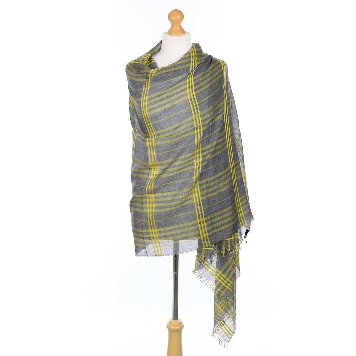 Scottish Sògh Slate Grey and Yellow Checked Fine Woven Cashmere & Silk Wrap