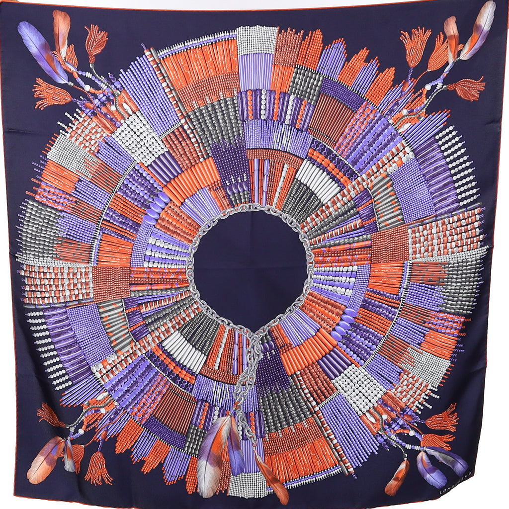 Longchamp Silk Navy, Purple and Orange Patterned Silk Scarf