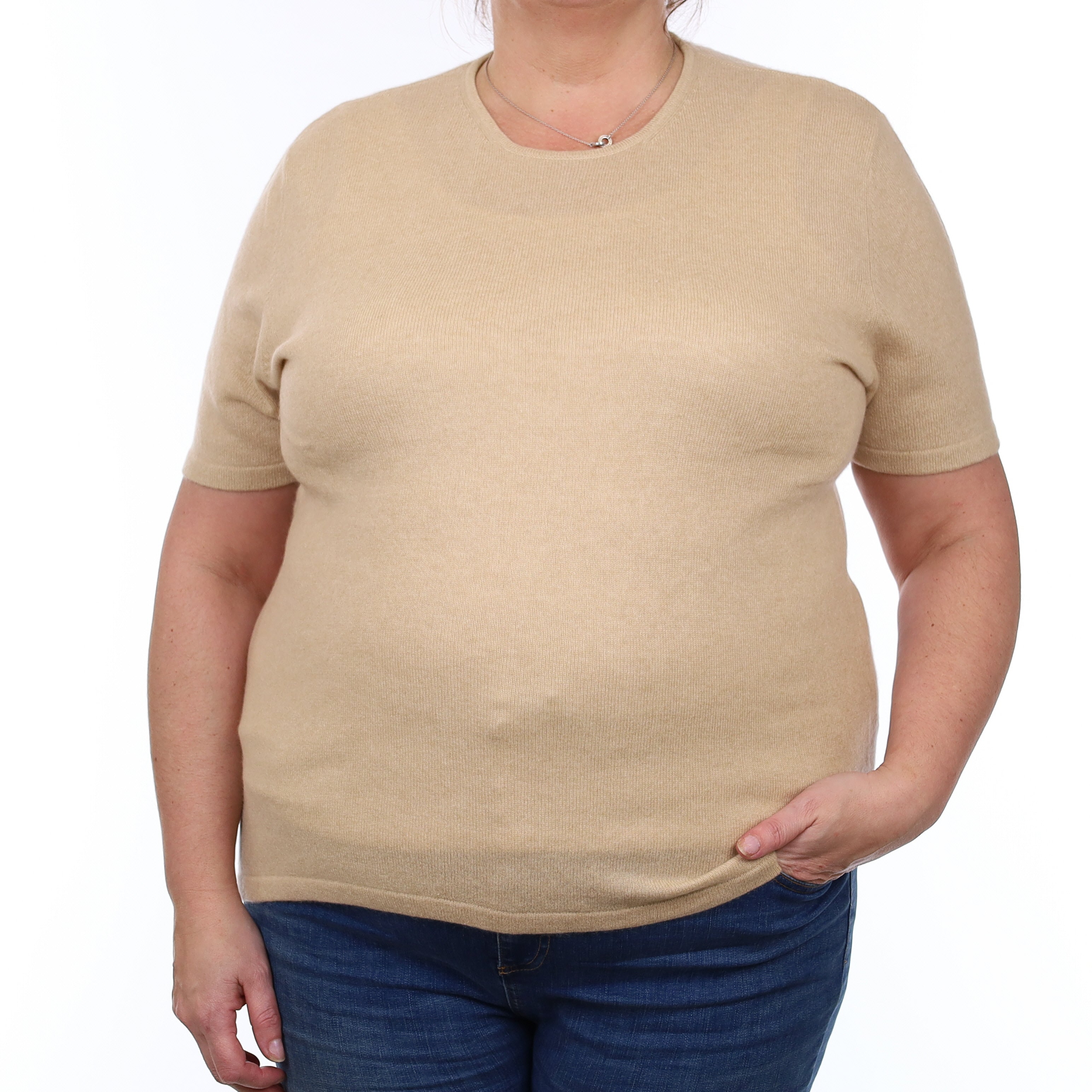 Sand Beige Cashmere Short Sleeved Crew Neck Jumper Extra Large