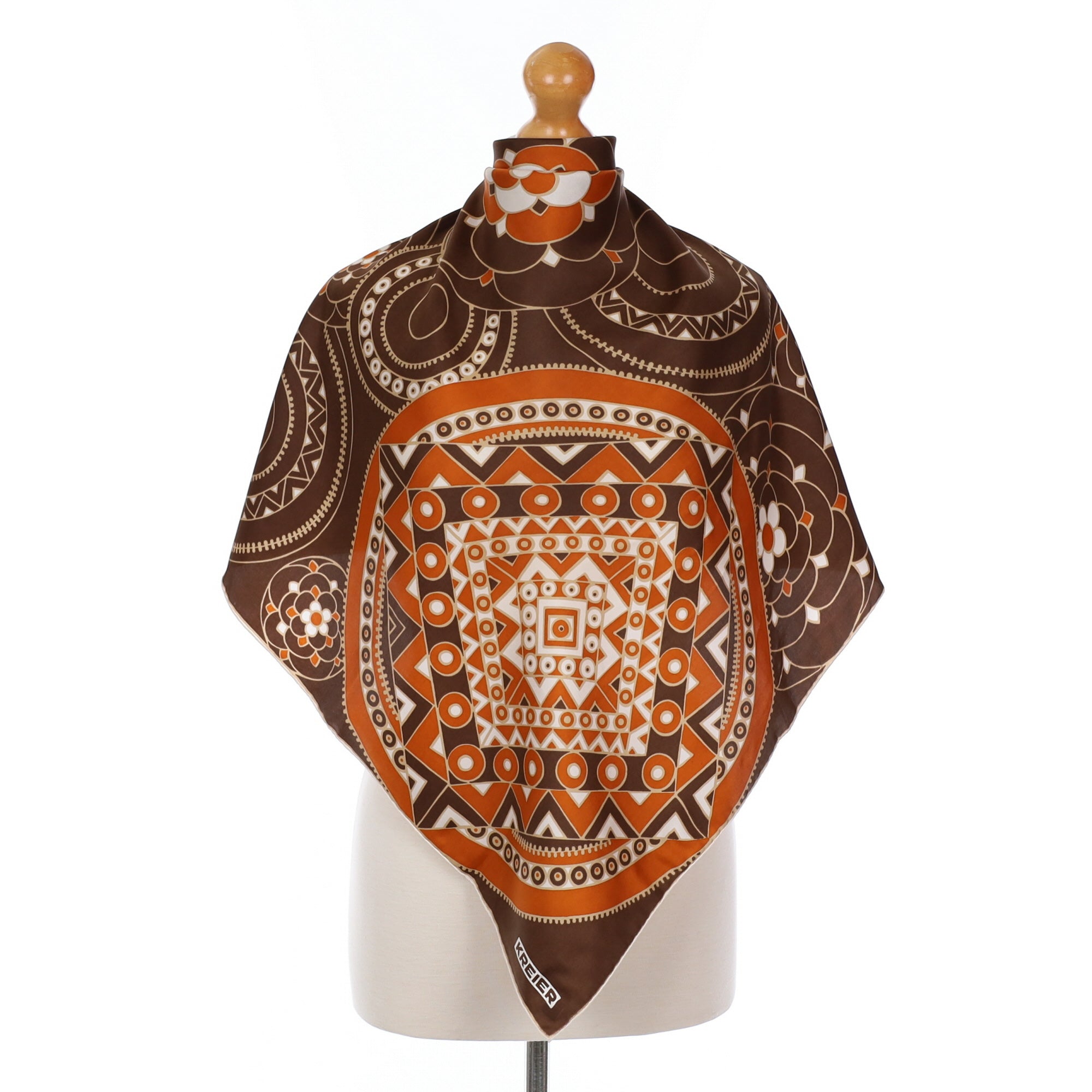 Kreier Brown and Orange Patterned Vintage Silk Scarf