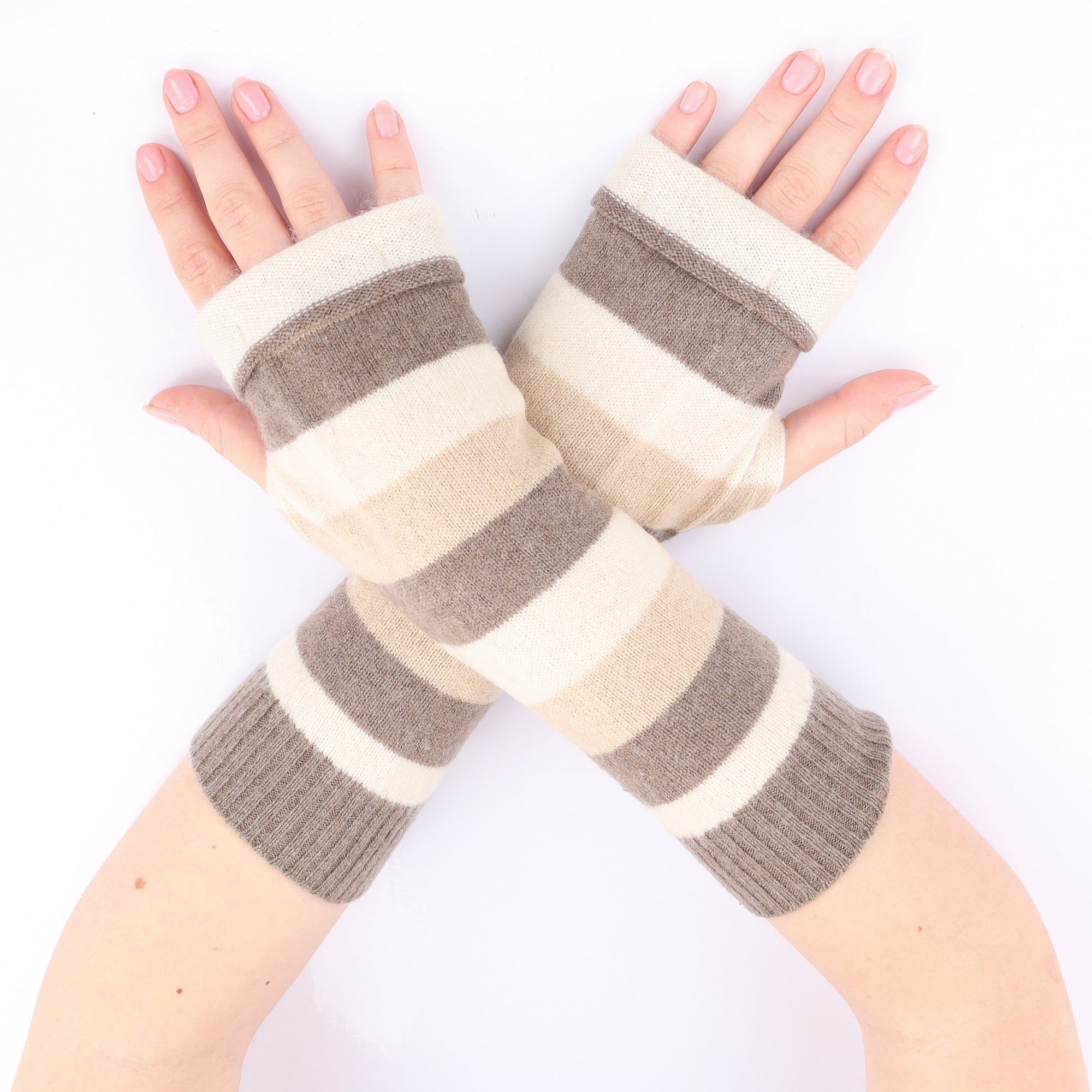 Mocha and Ivory Stripe Fingerless Gloves