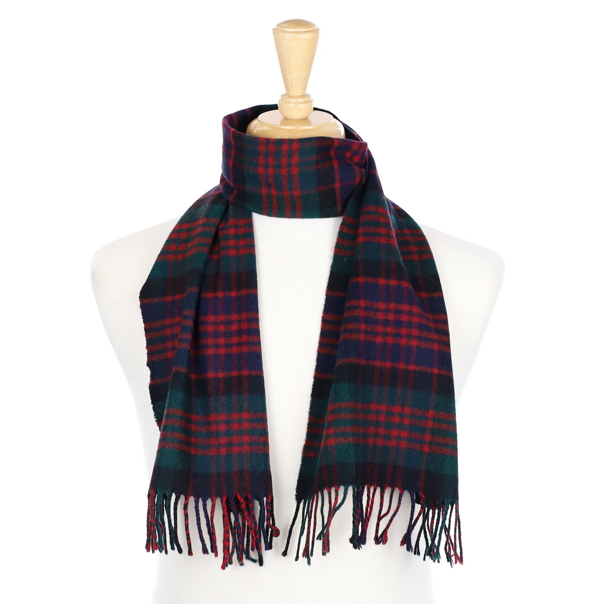 Navy, Red and Green Checked Cashmere Fringed Woven Scarf
