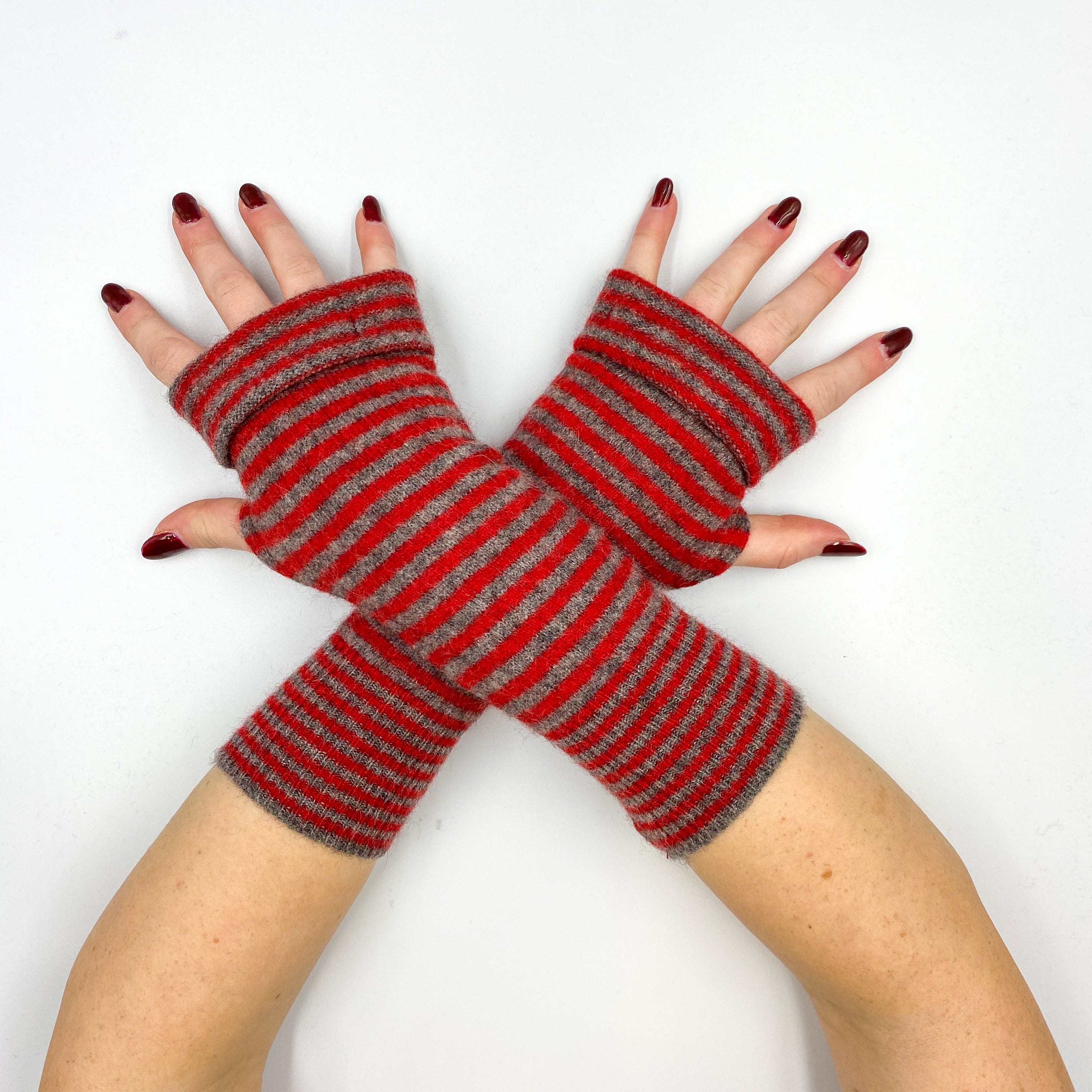 Crimson Red and Brown Striped Fingerless Gloves