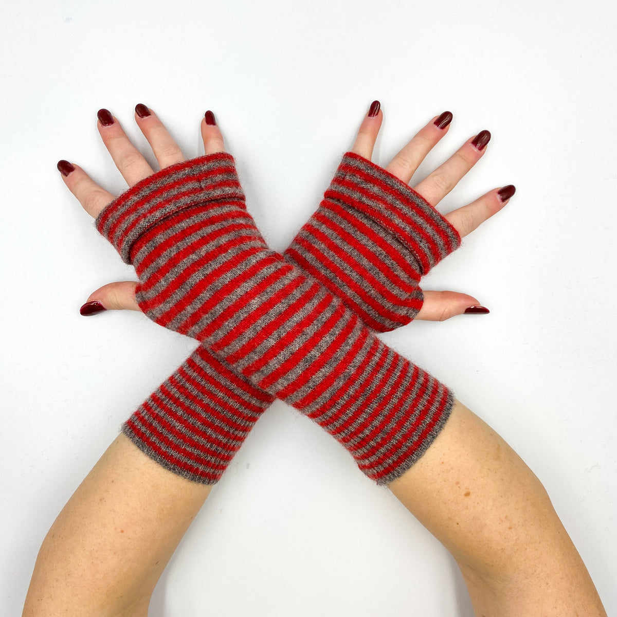 Crimson Red and Brown Striped Fingerless Gloves