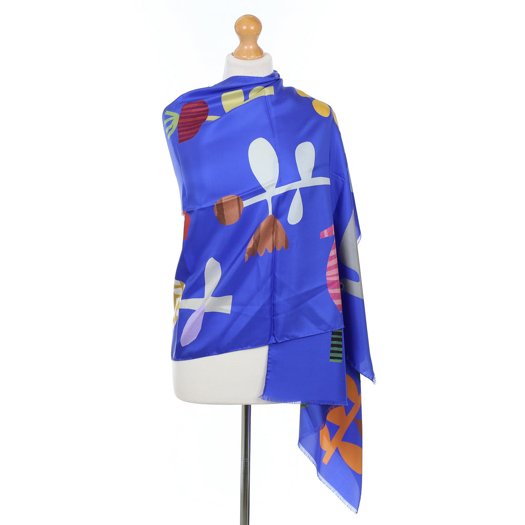 Brand New Italian Royal Blue Floral Design Silk Wrap