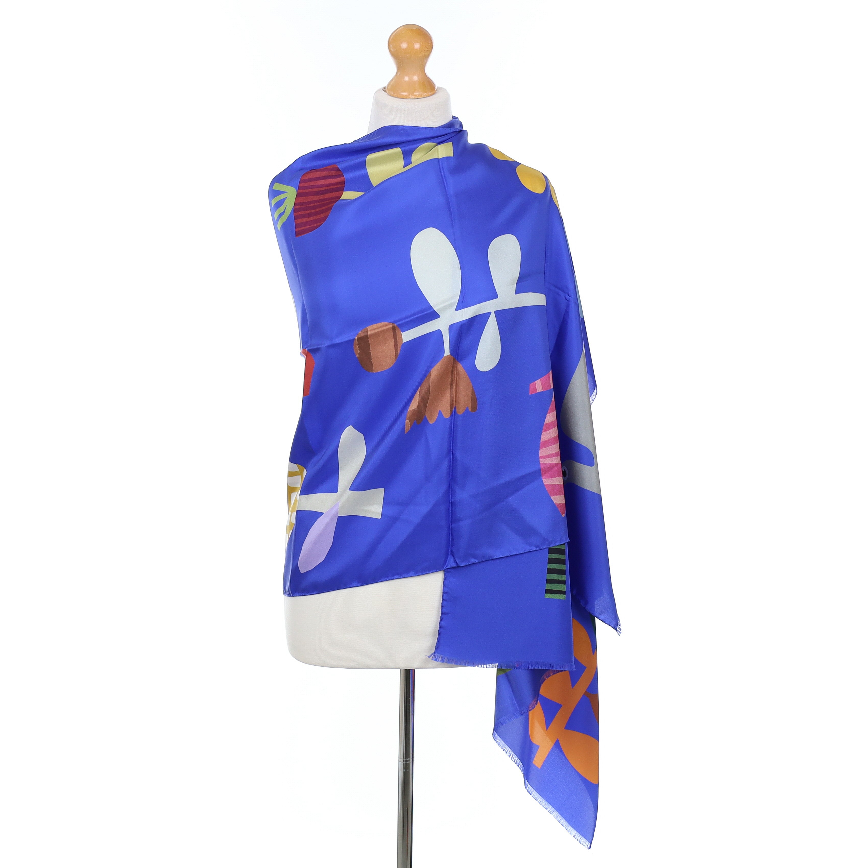 Brand New Italian Royal Blue Floral Design Silk Wrap