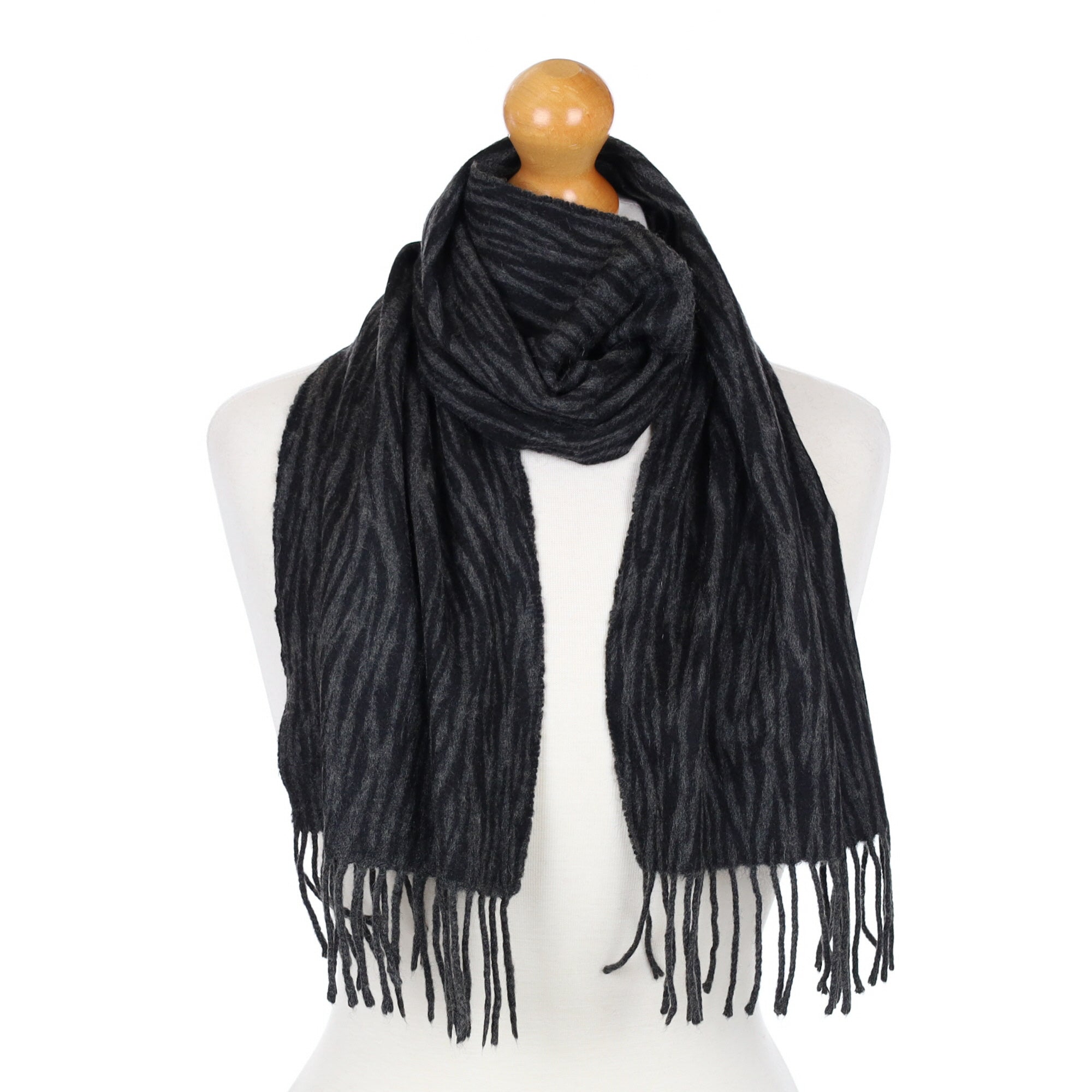 Black and Grey Animal Print Fringed Cashmere Woven Scarf