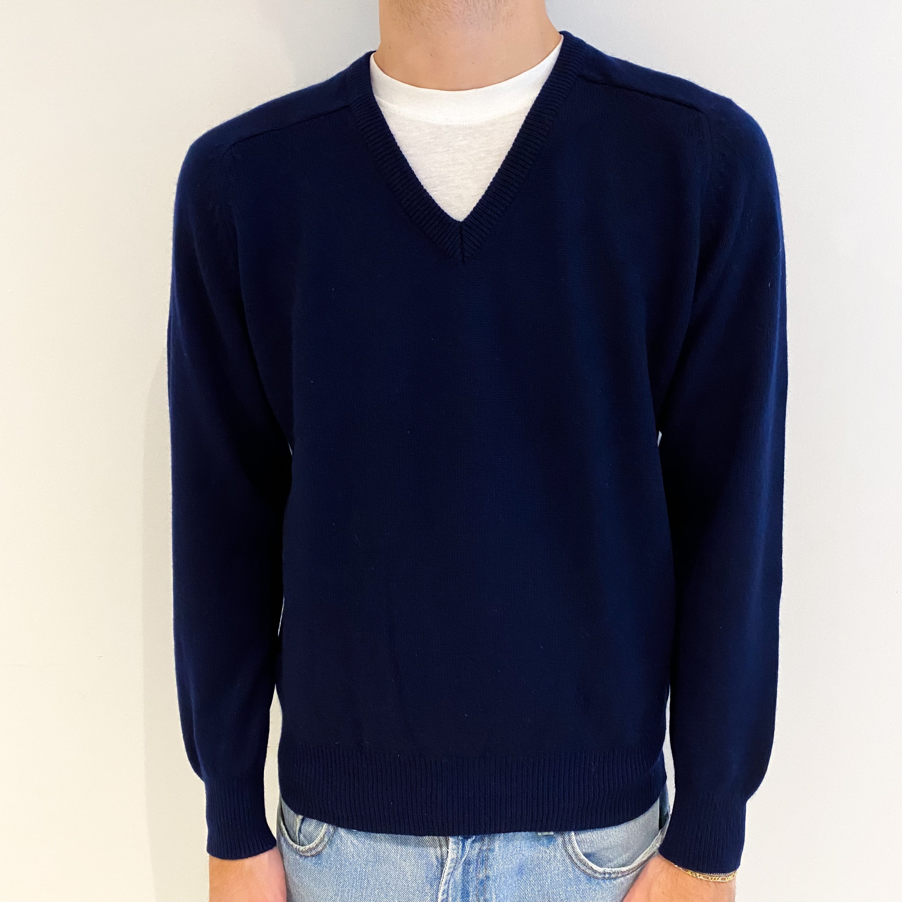Men's Navy Blue Cashmere V Neck Jumper Large