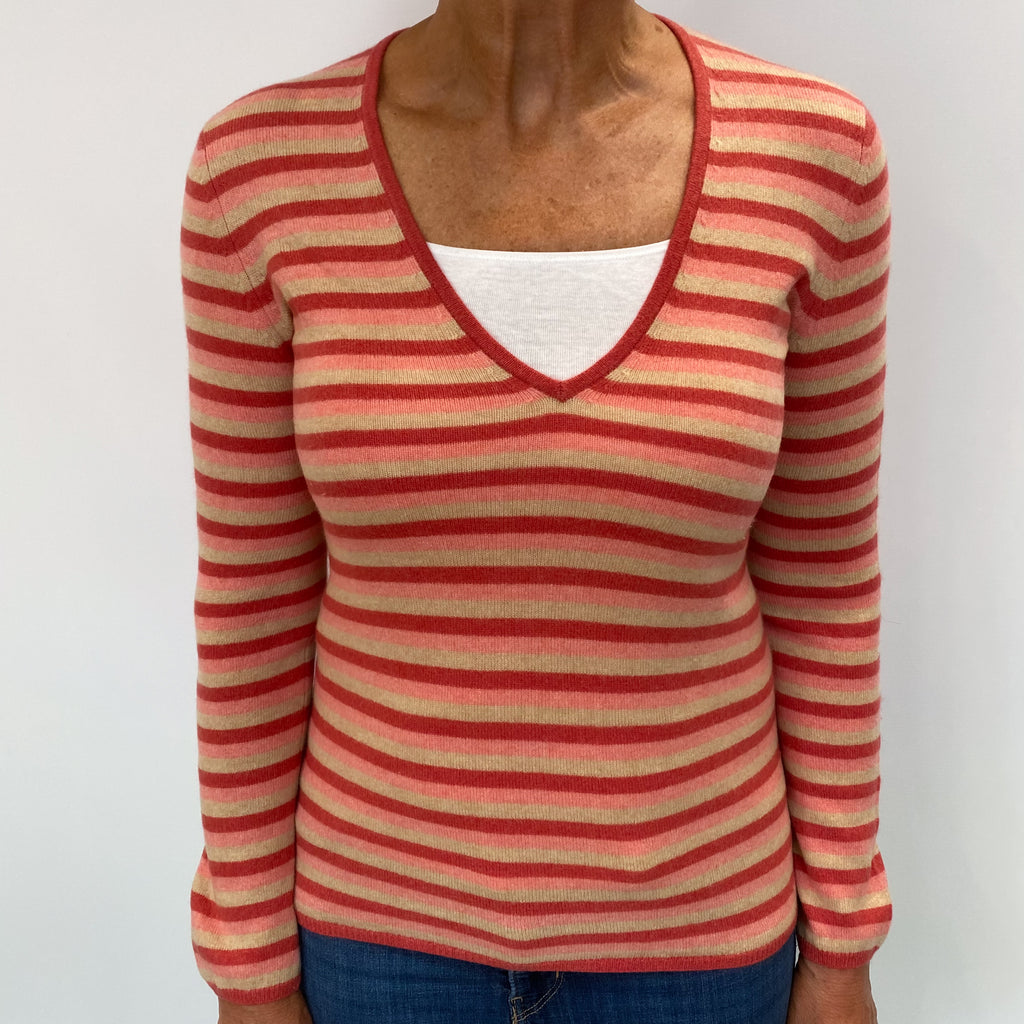 Pink and Beige Stripe Cashmere V Neck Jumper Medium