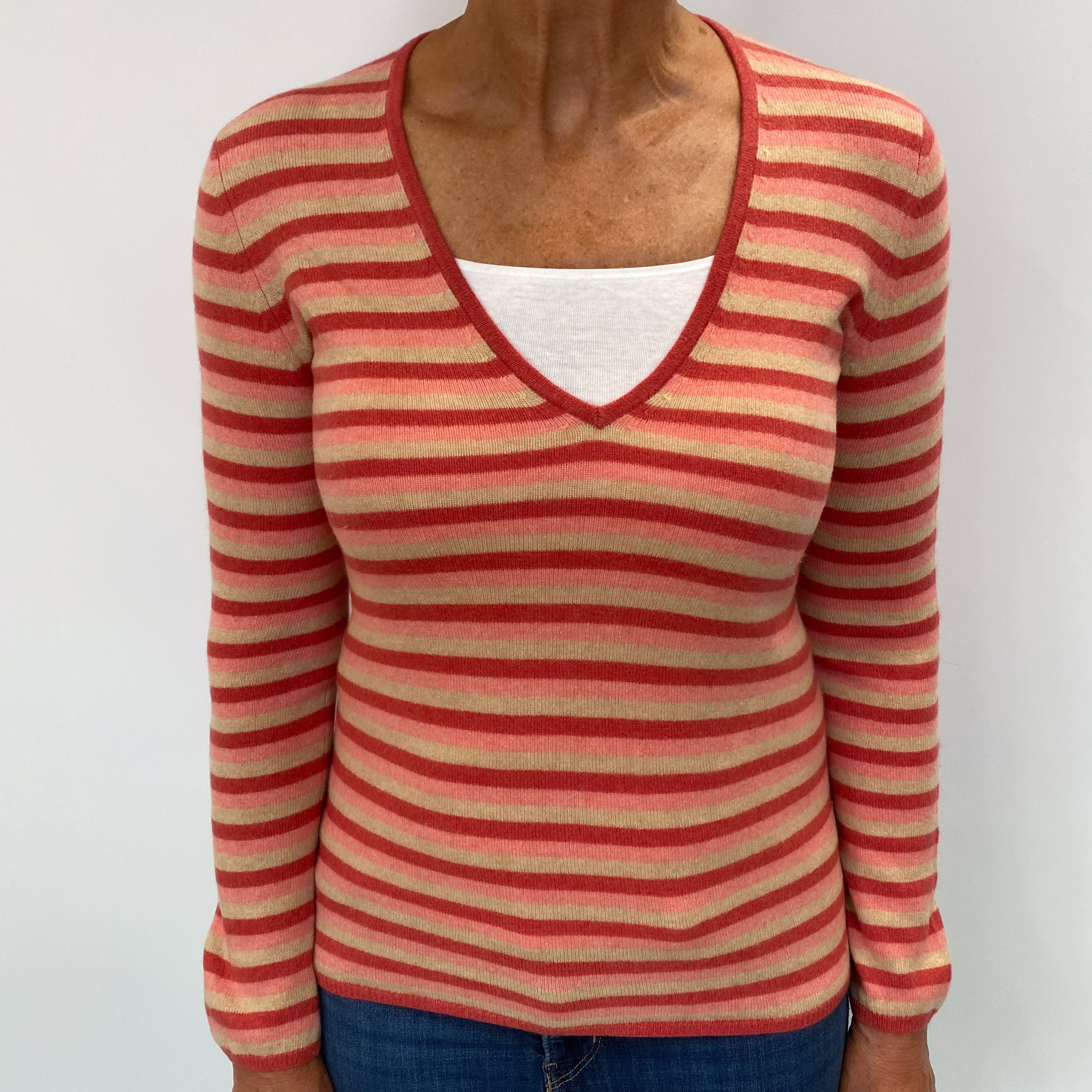 Pink and Beige Stripe Cashmere V Neck Jumper Medium