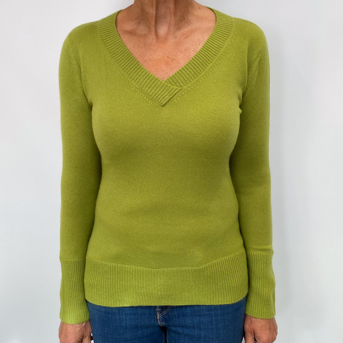 Lime Green Cashmere V Neck Jumper Medium