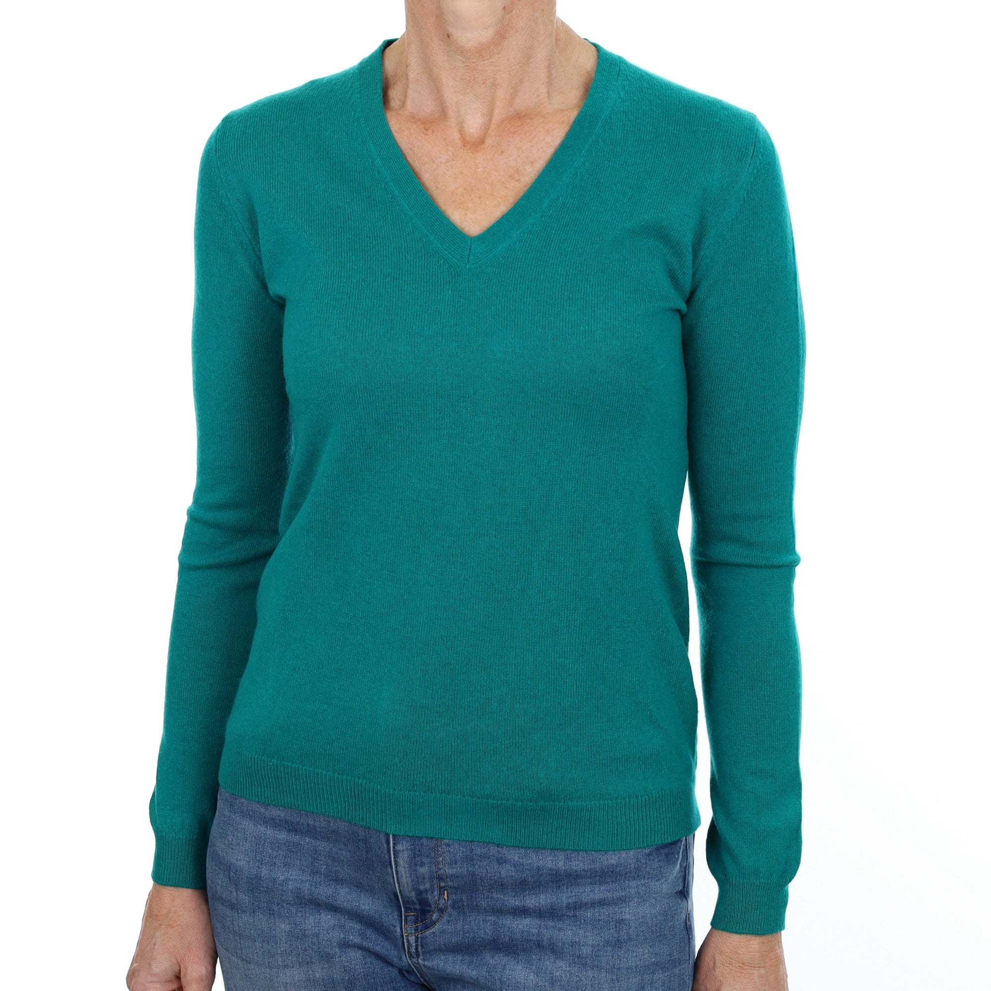 Teal Green Cashmere V Neck Jumper Small