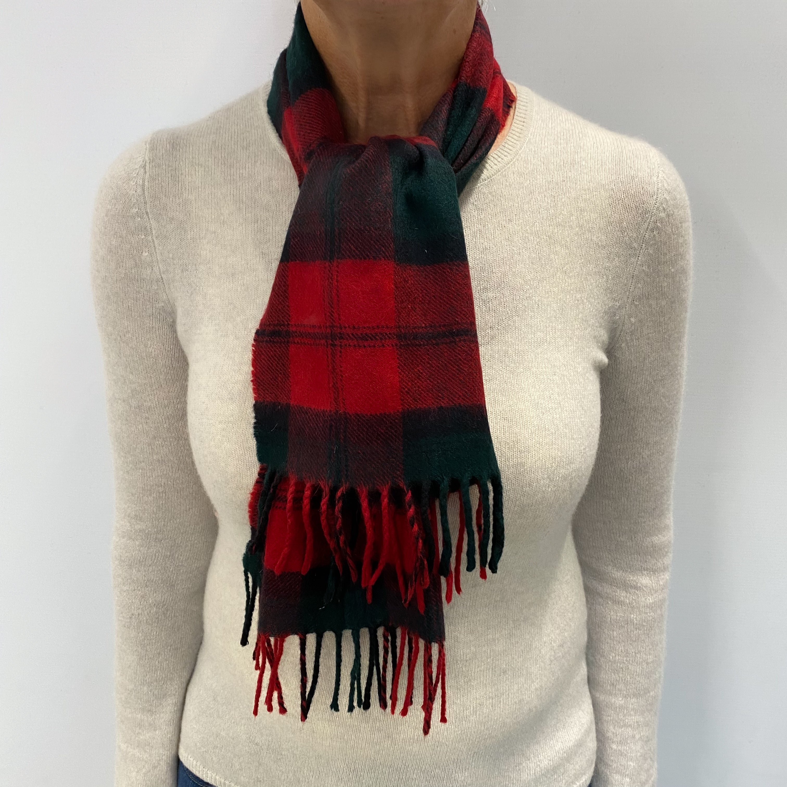 Red Bottle Green Checked Cashmere Woven Fringed Scarf