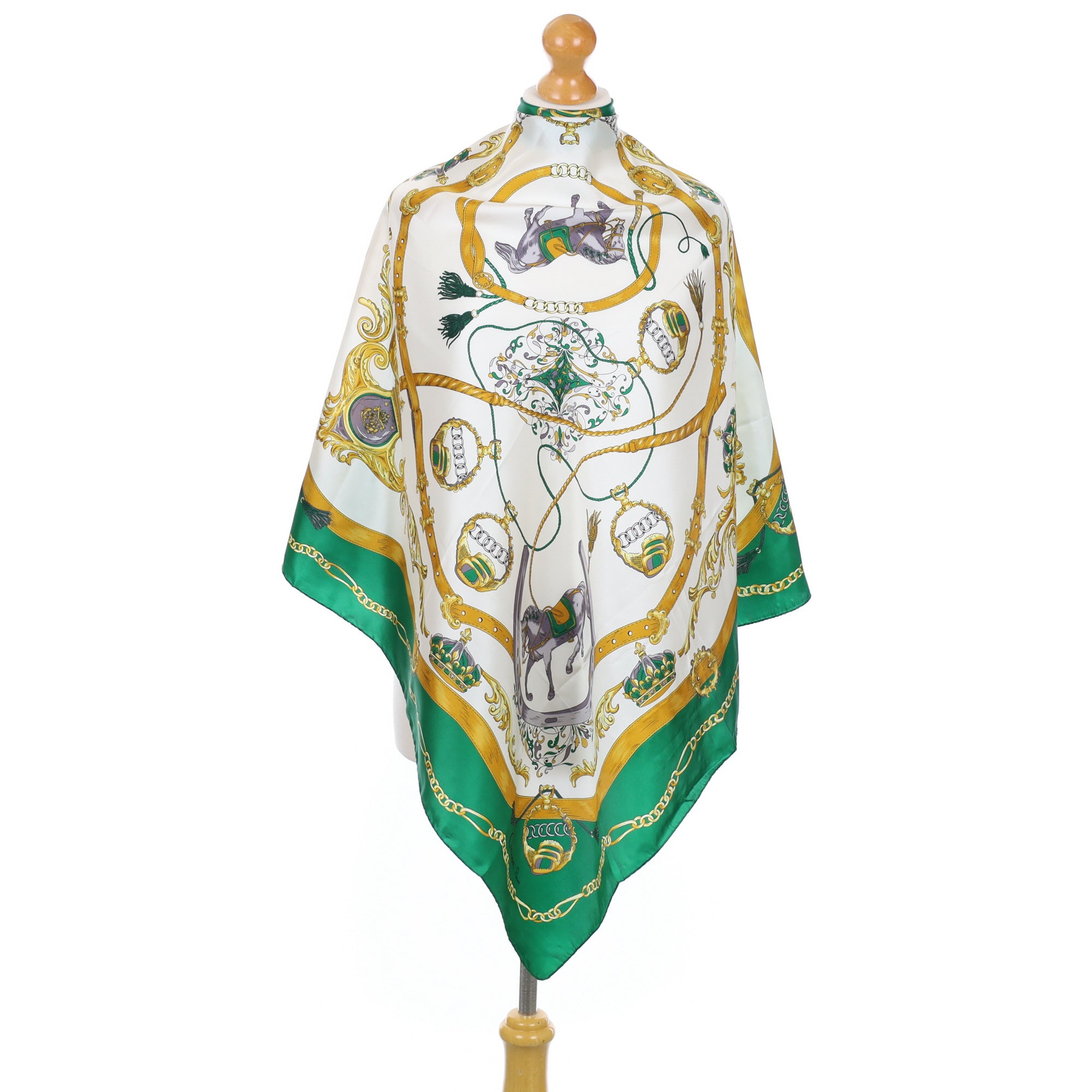French Carven Green, Cream & Gold Silk Scarf