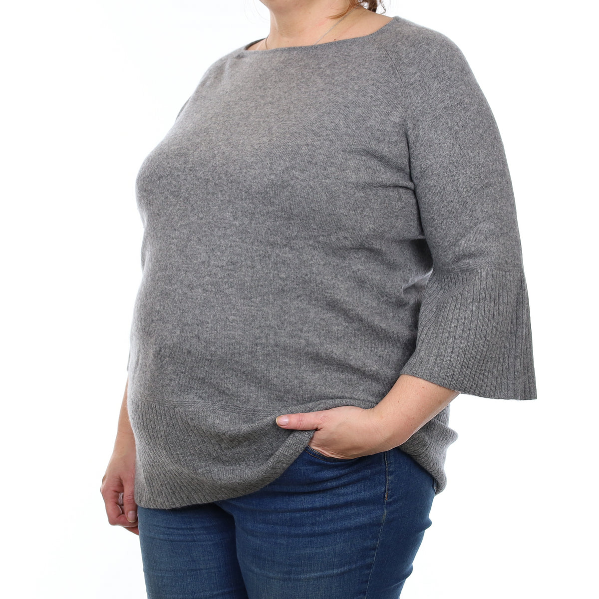 Ash Grey Cashmere Flared Sleeve Crew Neck Jumper XL