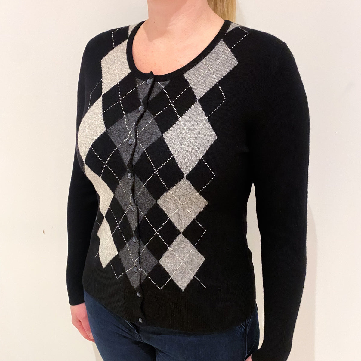 Black Grey Argyle Cashmere Crew Neck Cardigan Large