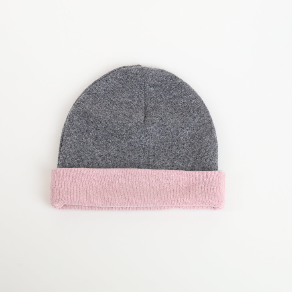 Ash Grey and Pink Reversible Cashmere Beanie Hat
