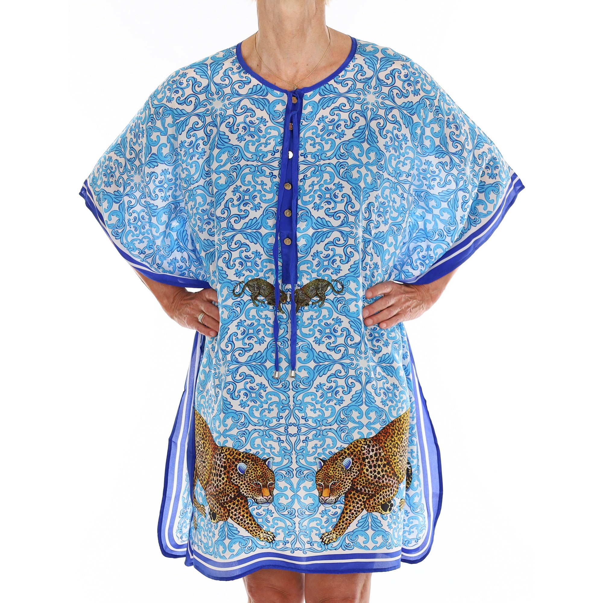 Brand New Bellezza Mediterranean Blue Leopard Safari Silk Kaftan Short DISPATCHED W/C 8th SEPTEMBER