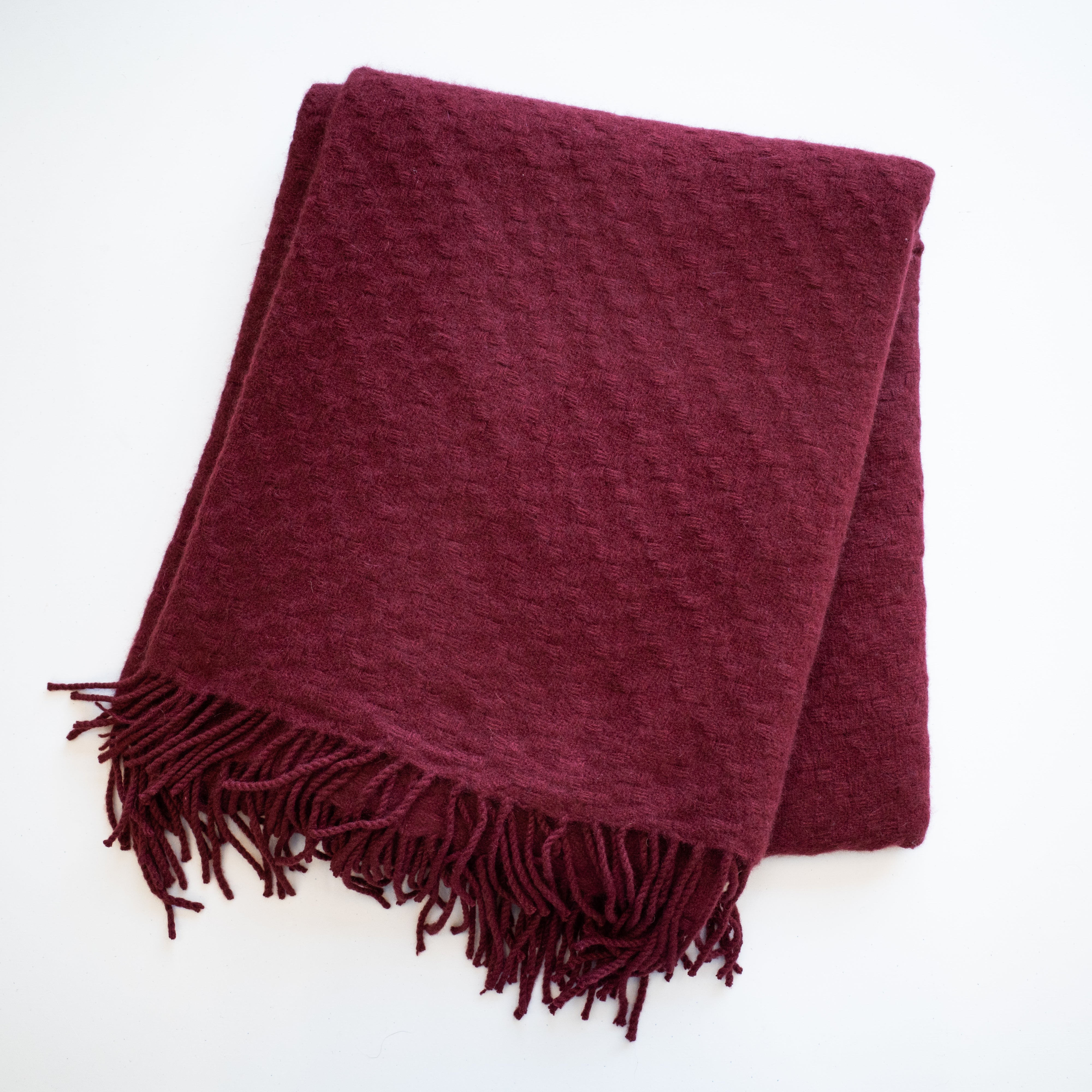 Burgundy Red Fringed Square Woven Blanket