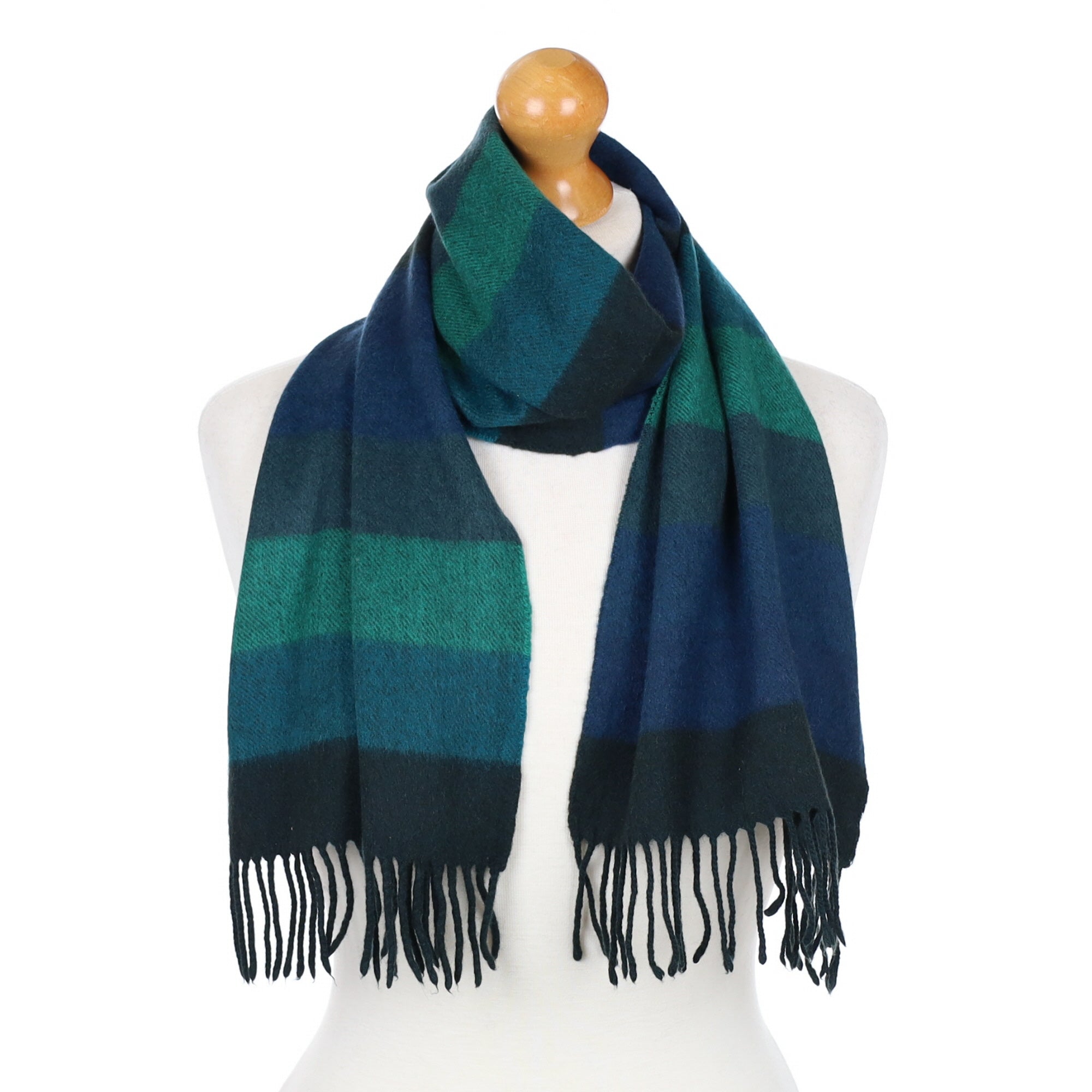 Green and Blue Striped Fringed Cashmere Woven Scarf