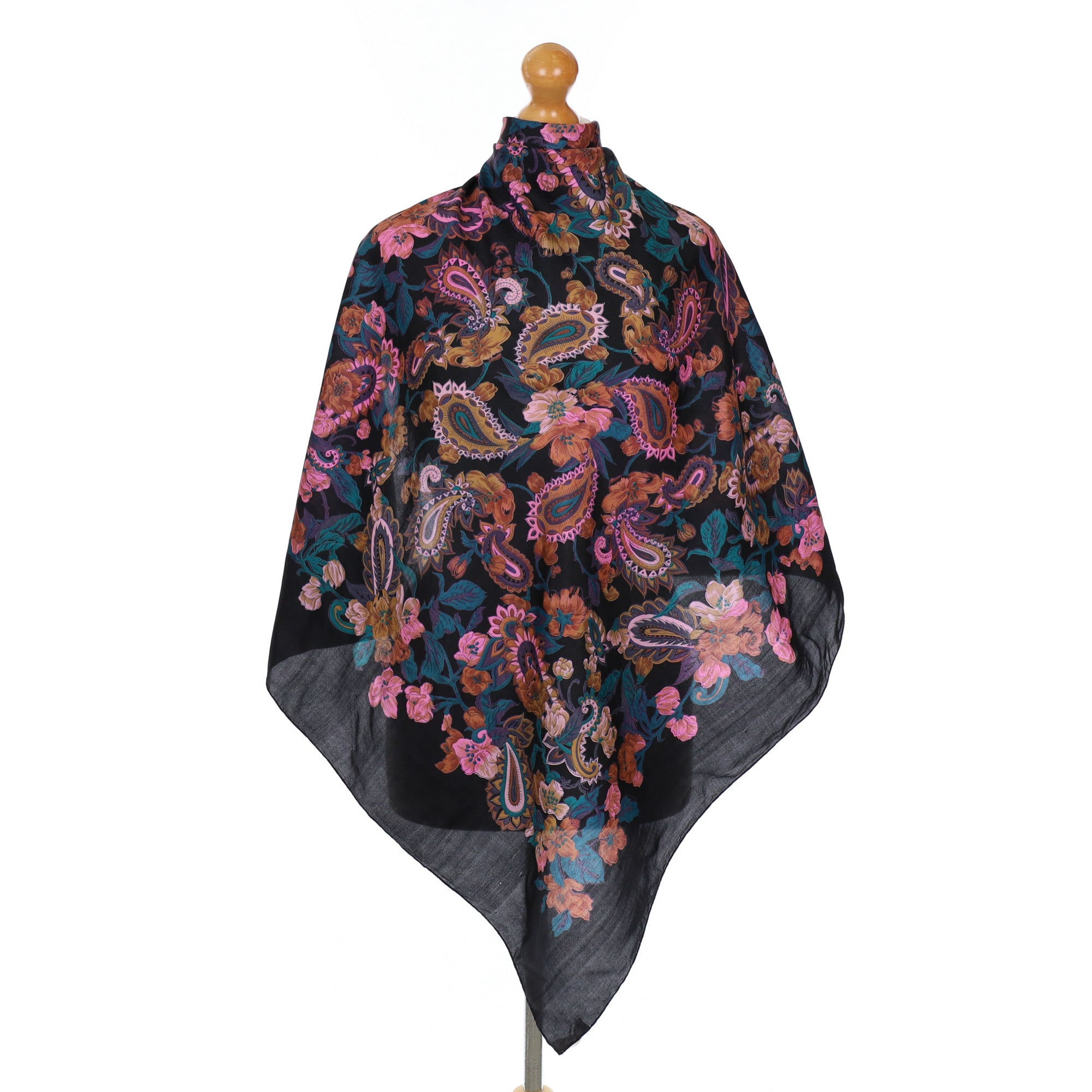Black Paisley and Floral Thai Silk Scarf