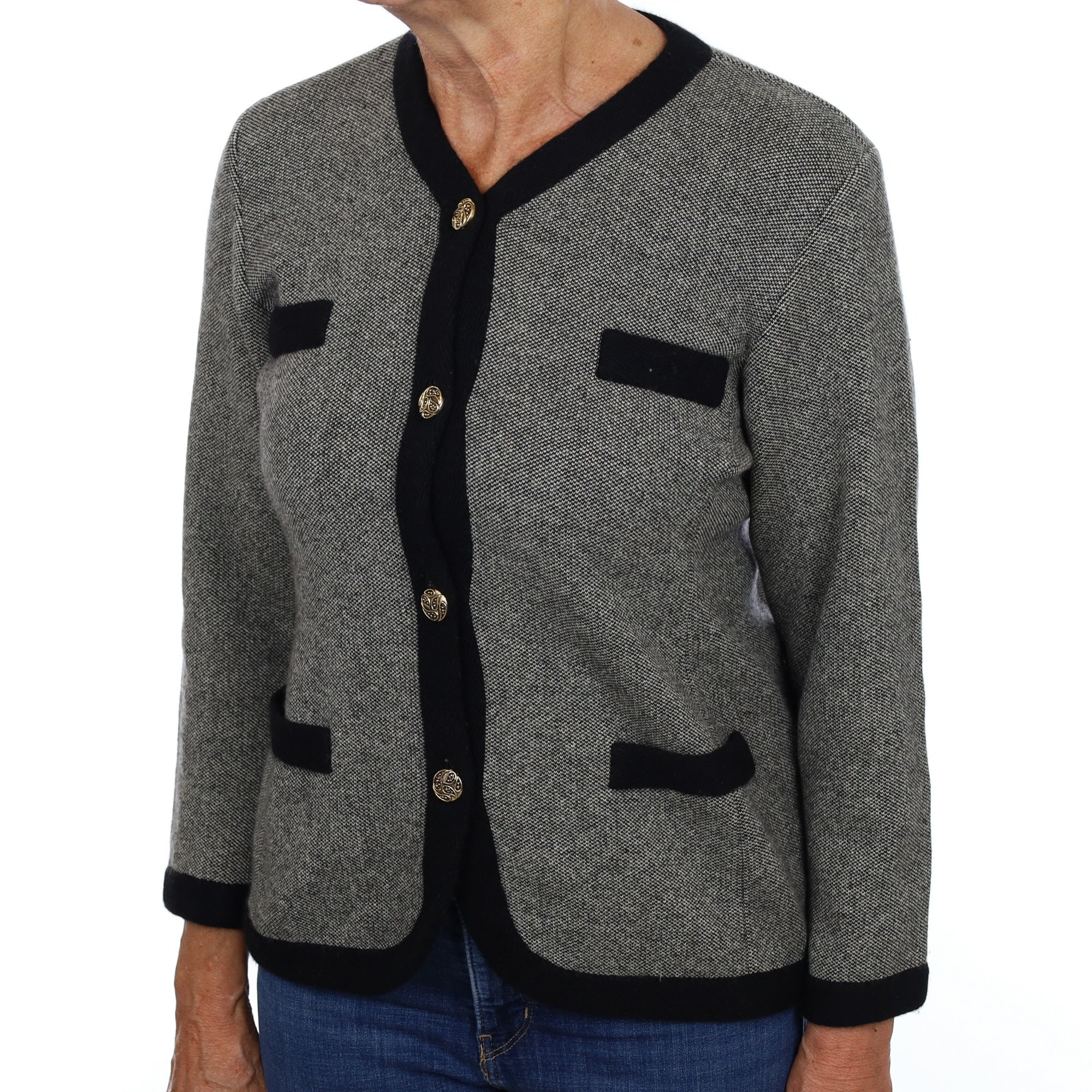 Black Beige Marl Cashmere V Neck Jacket Medium