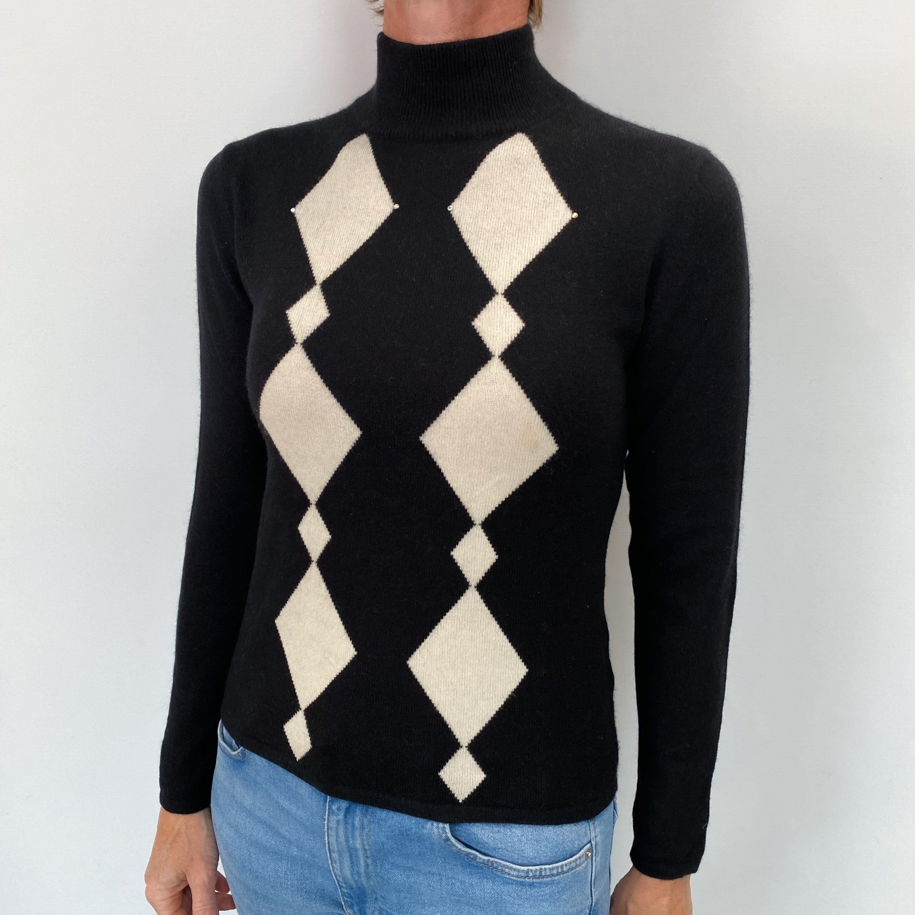 Black and Ivory Diamond Cashmere Turtle Neck Jumper Small