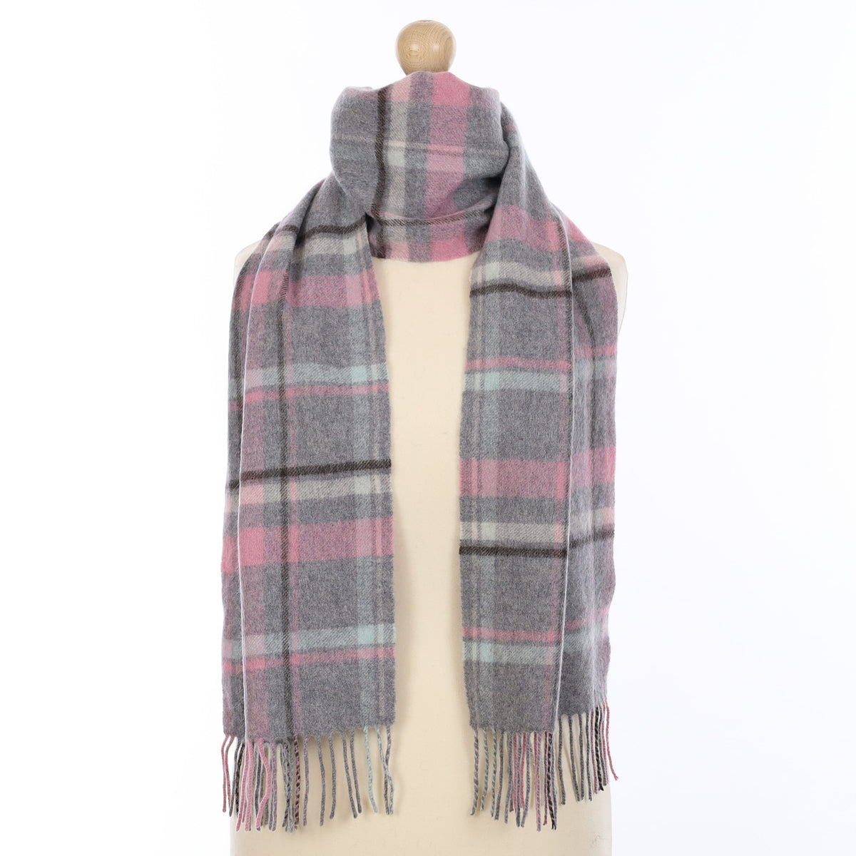 Slate Grey and Candy Pink Plaid Cashmere Woven Scarf
