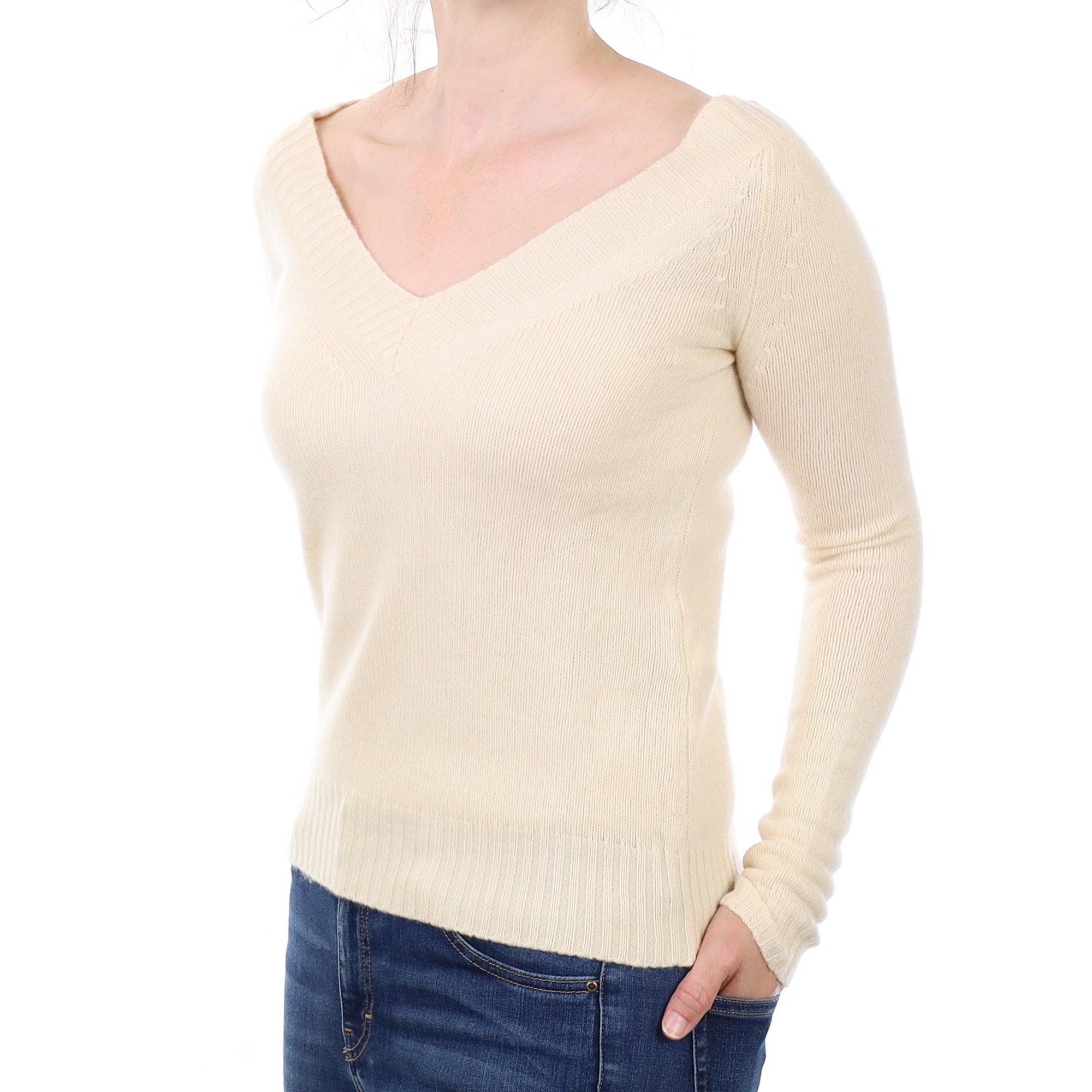 Theory Vanilla Cream Cashmere V Neck Jumper Small