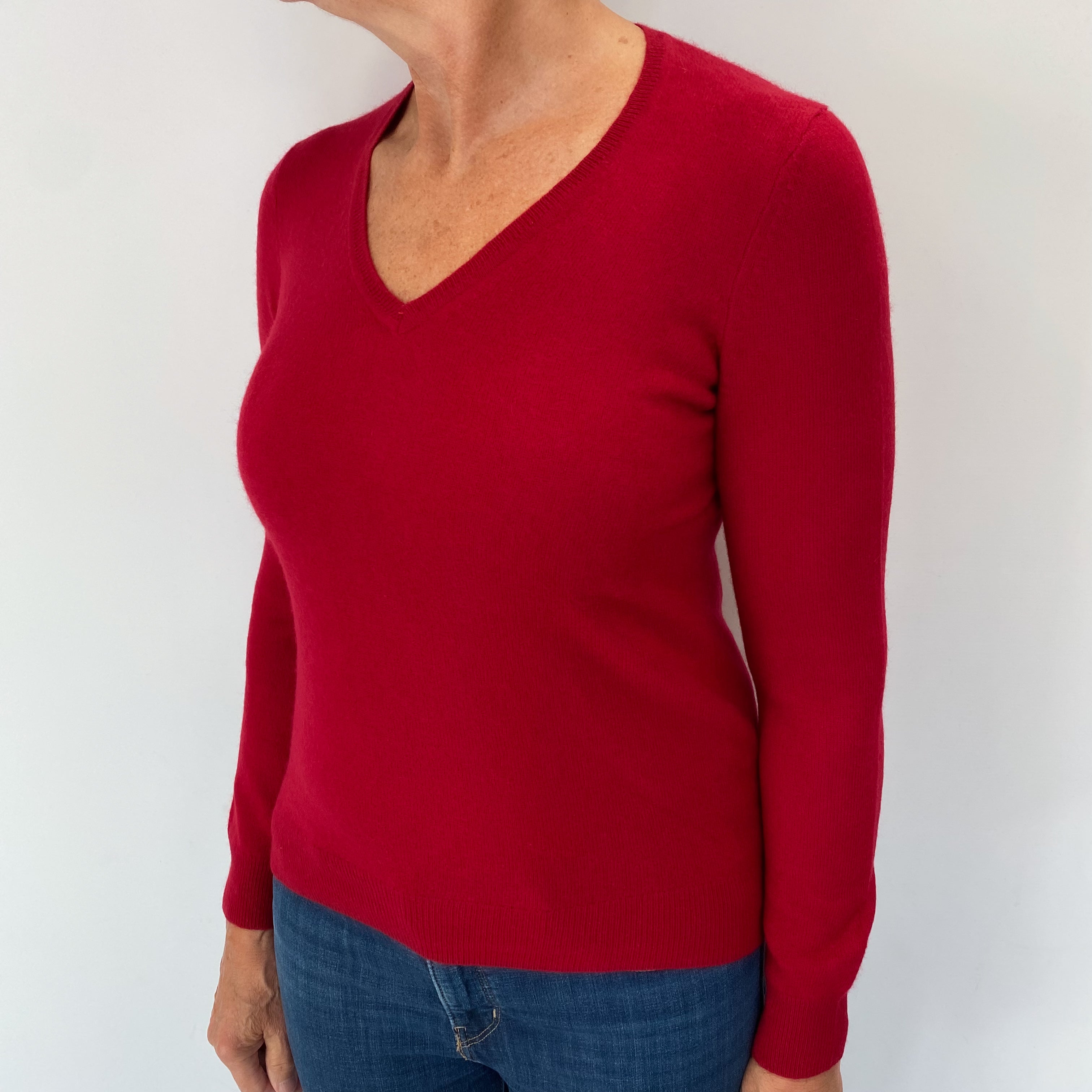 Post Box Red Cashmere V Neck Jumper Medium