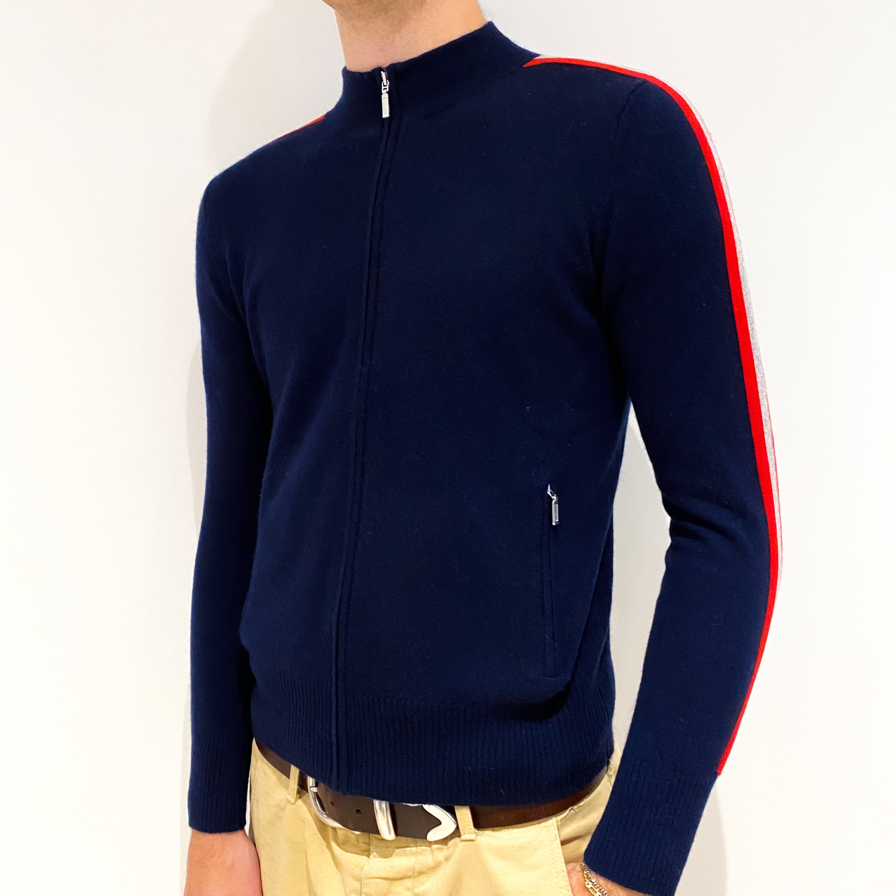 Men's Navy Red Stripe Cashmere Zip Up Cardigan Large