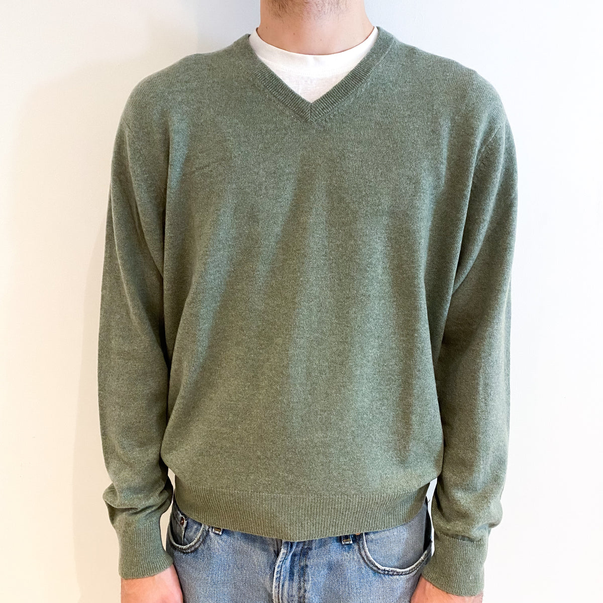 Men's Soft Sage Green Cashmere V Neck Jumper Large