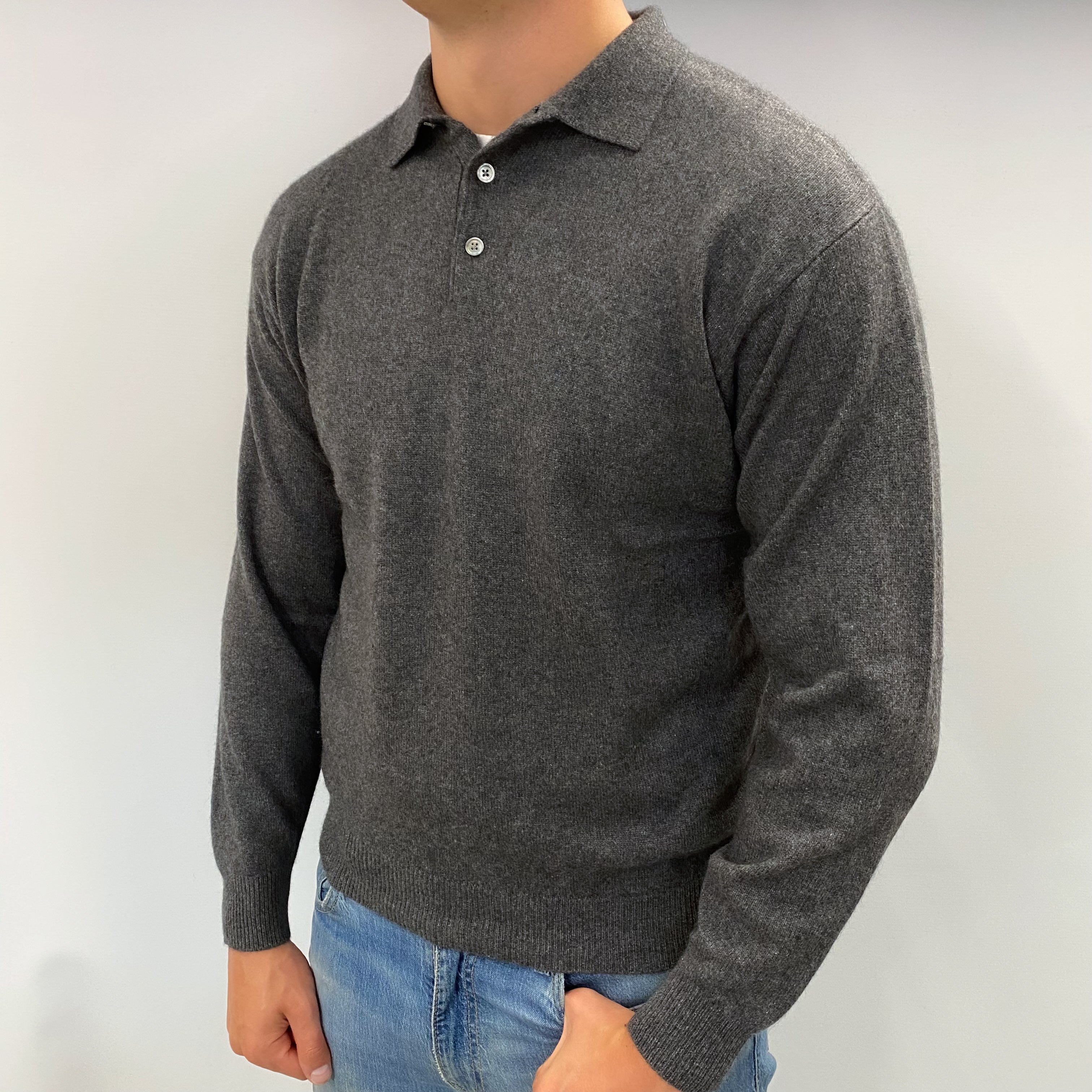 Men's Slate Grey Cashmere Collared 1/4 Button V Neck Jumper XXL