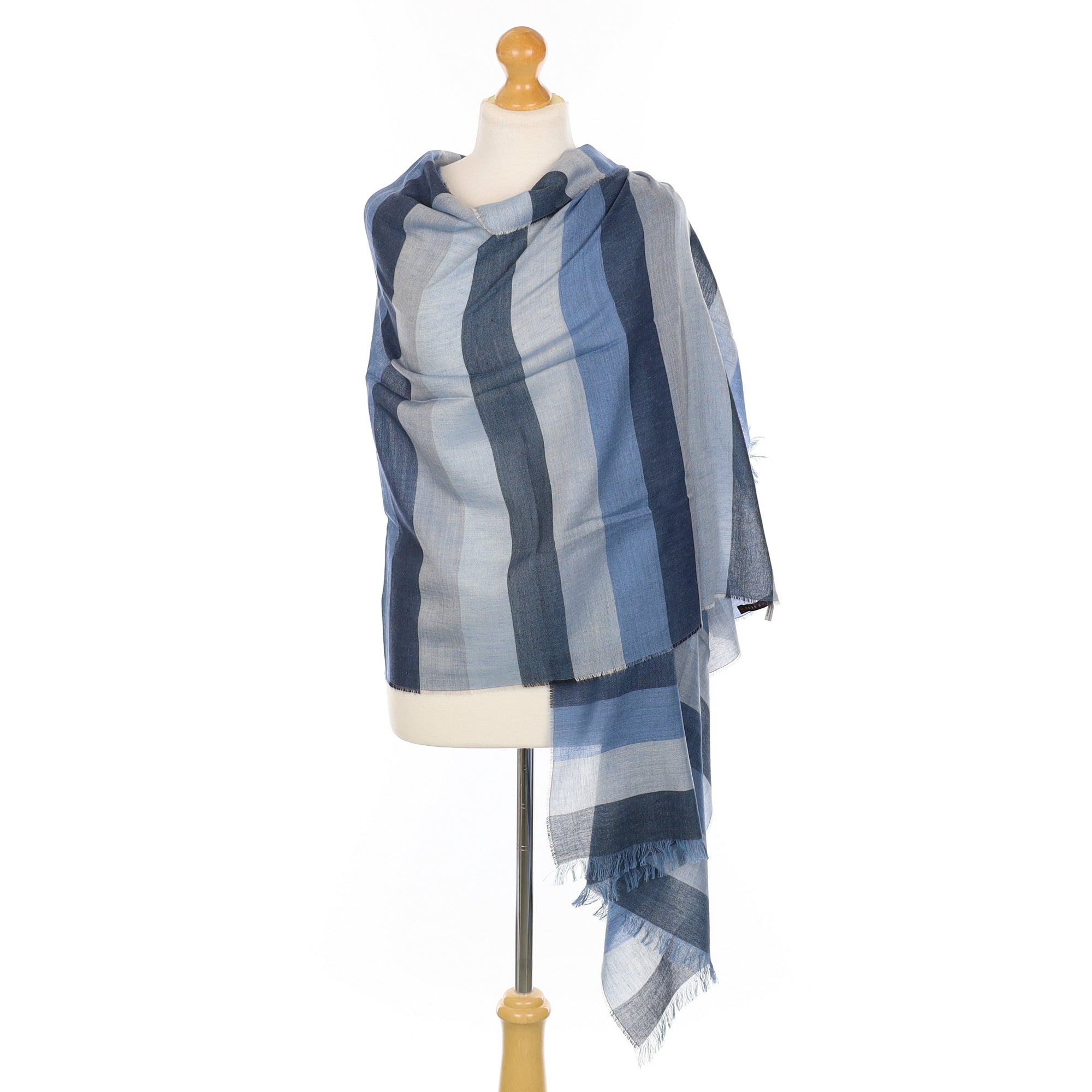 Scottish Begg & Co Blue Stripe Fine Woven Cashmere Blend Wrap