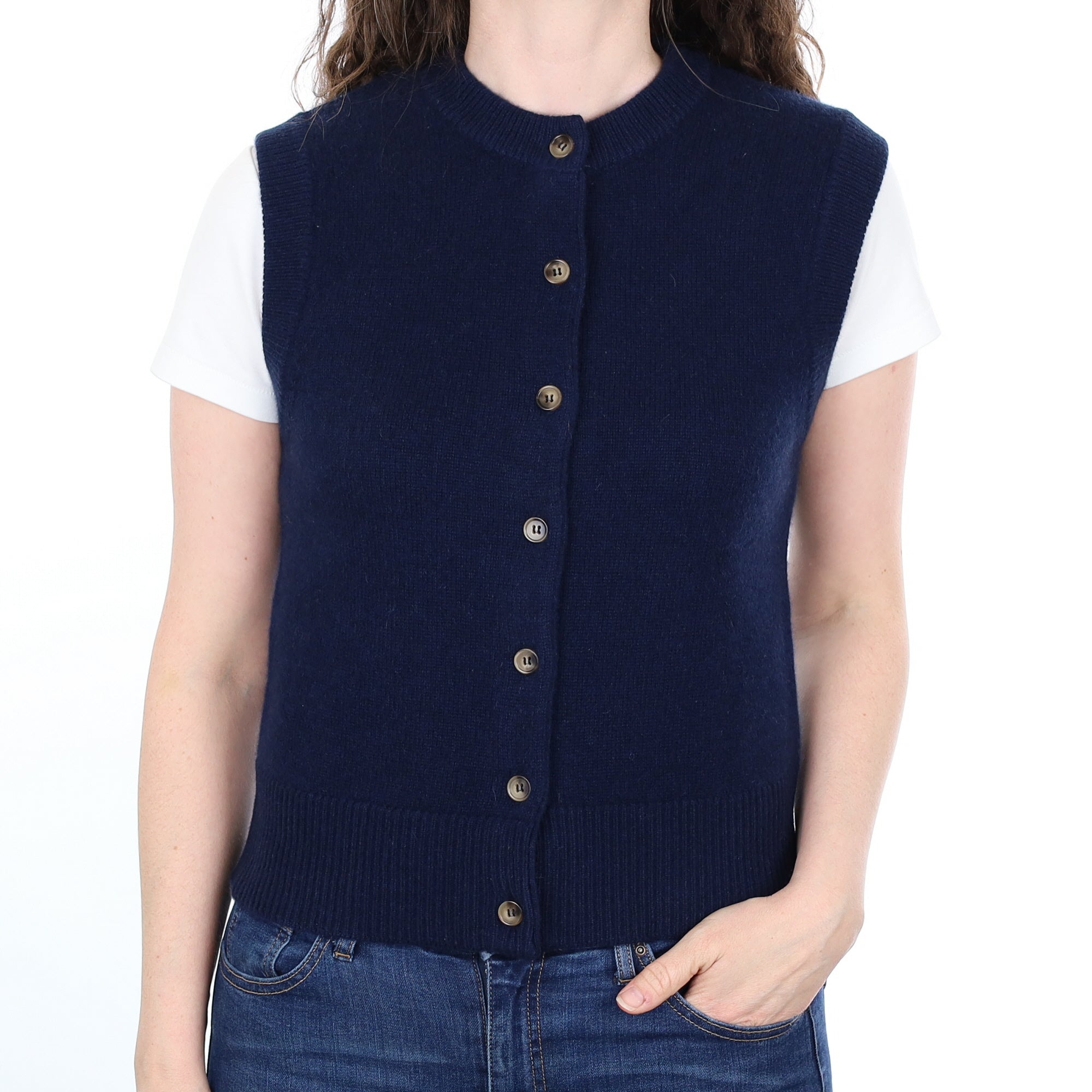 Brand New Navy Luxury Cashmere Crew Neck Waistcoat Small UK 8-10