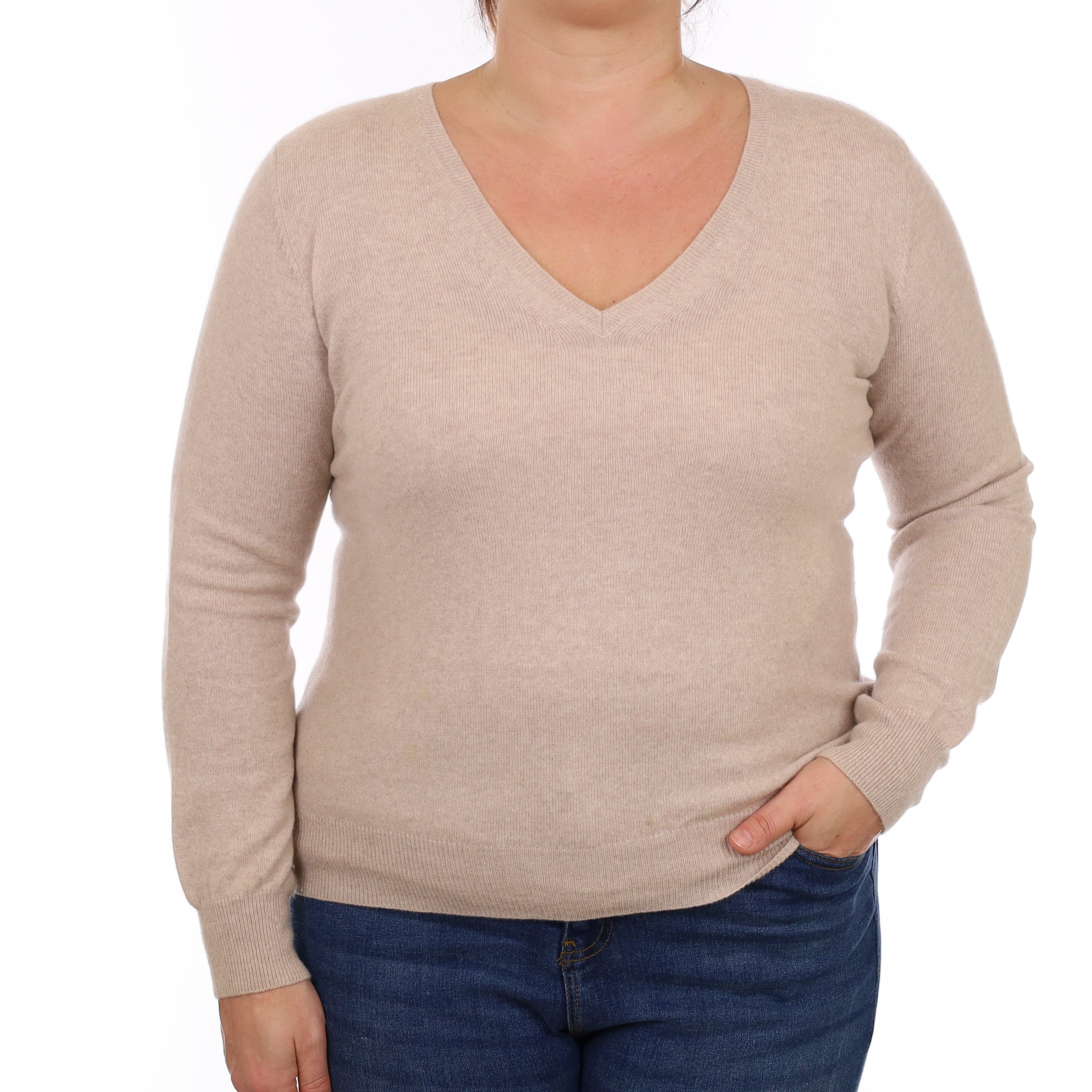 Oatmeal Cashmere V Neck Jumper Large