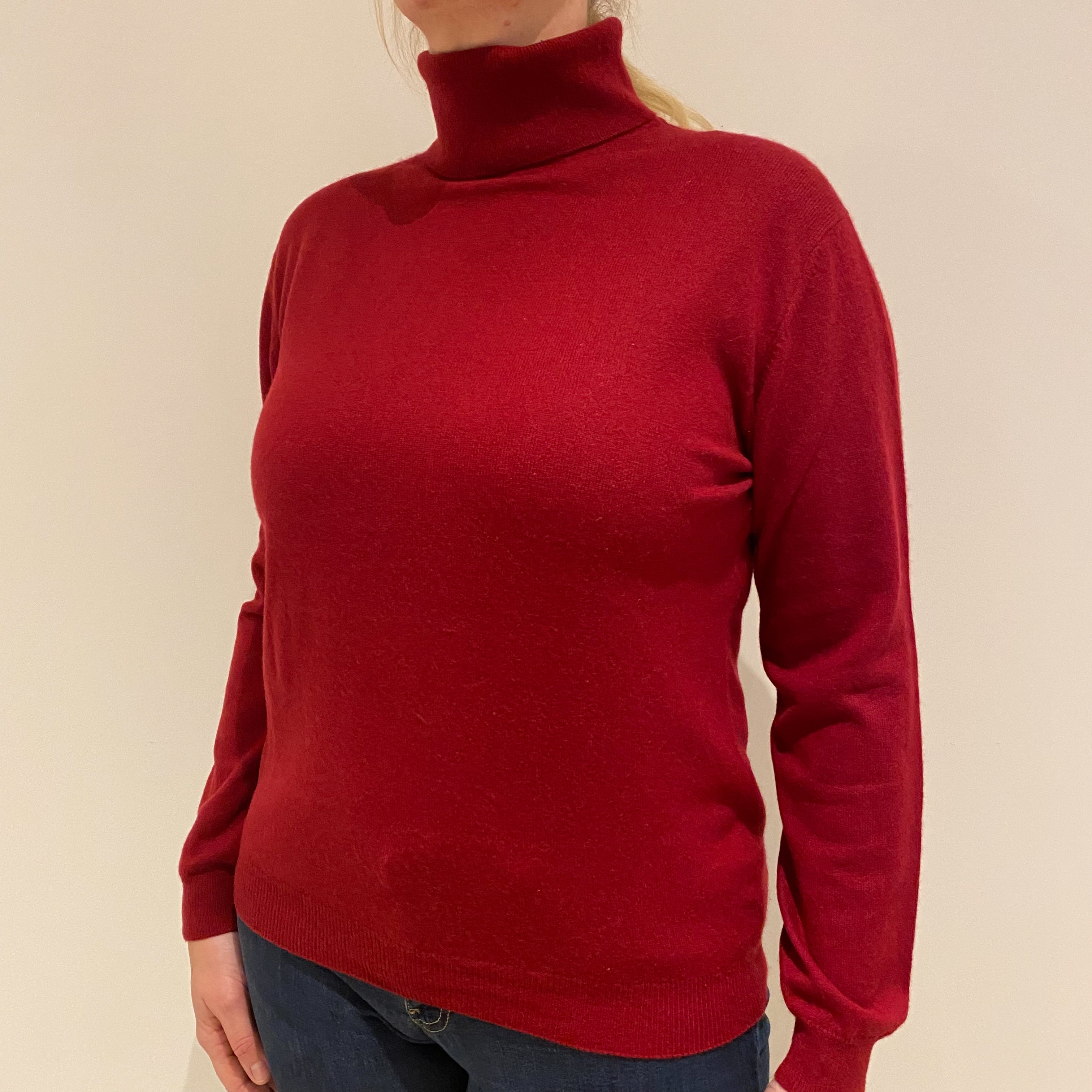 Crimson Red Cashmere Polo Neck Jumper Large