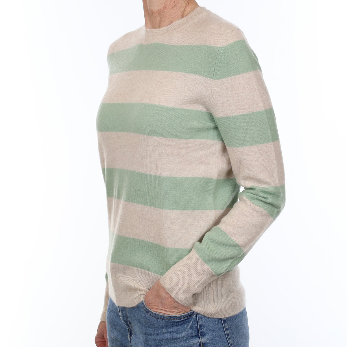 Mint Green and Oatmeal Striped Cashmere Lace Knit Crew Neck Jumper Small
