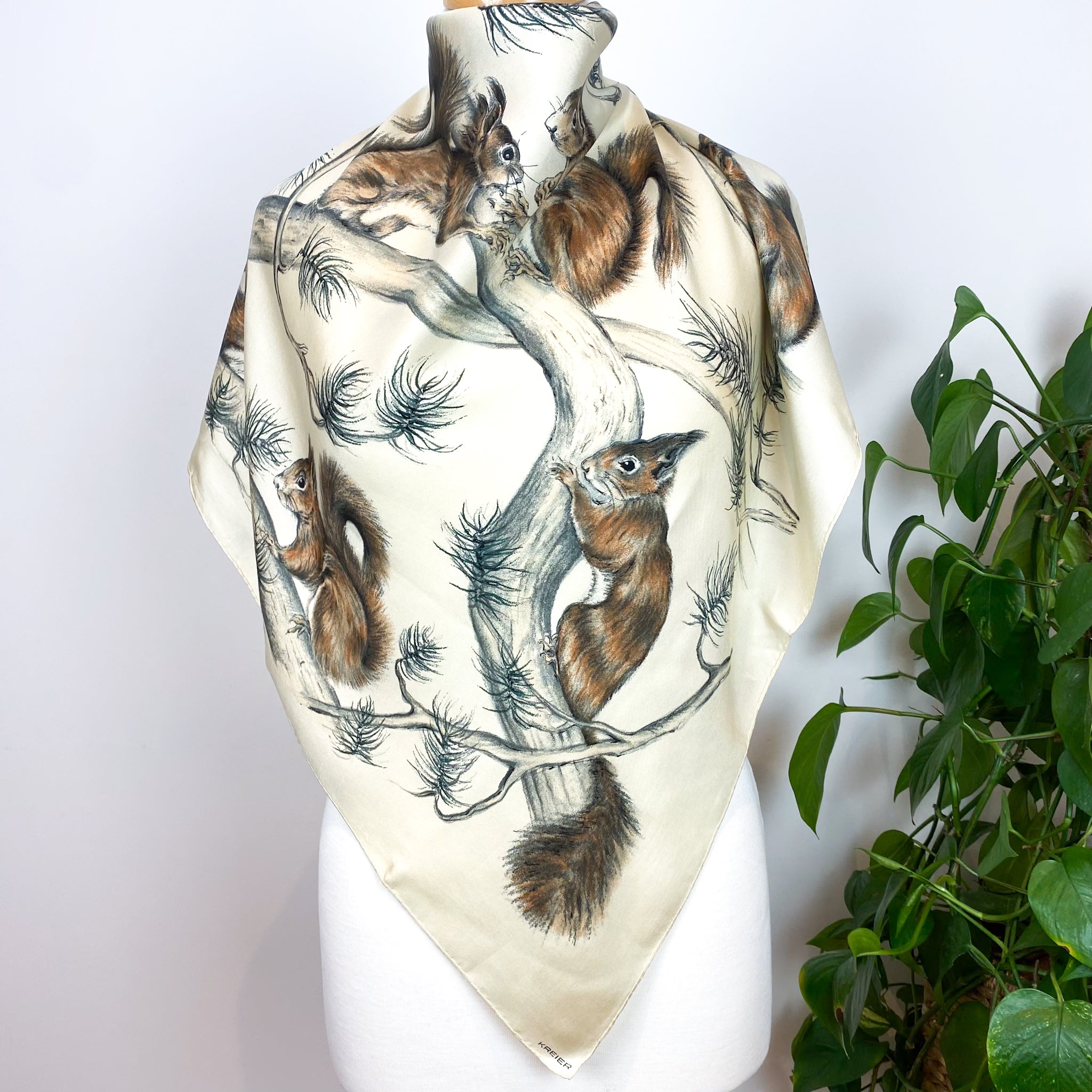 1970s Kreier Squirrel Vintage Silk Scarf