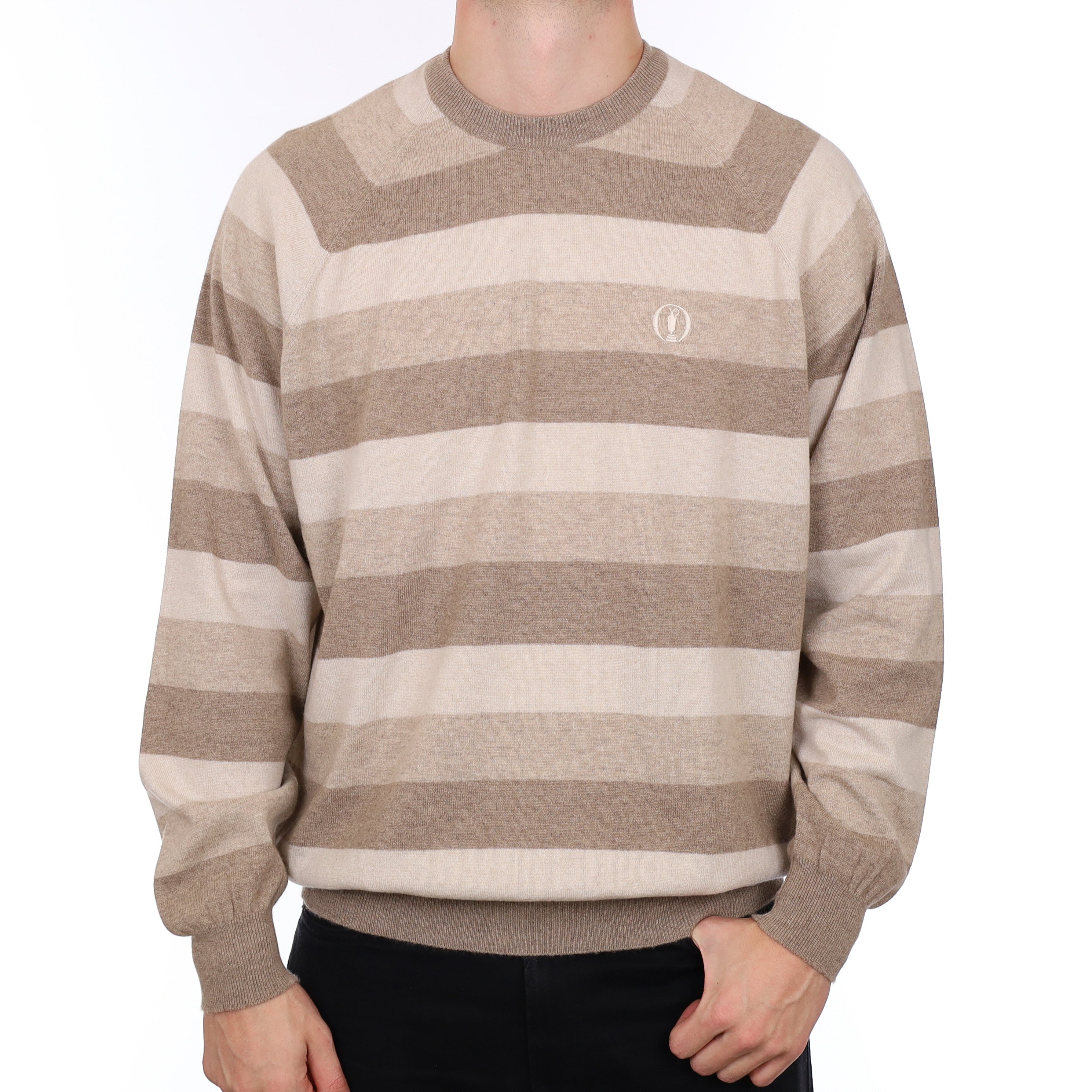 Men’s Brand New Scottish Hawico Golf Fawn Stripe Cashmere Crew Neck Jumper XXXL