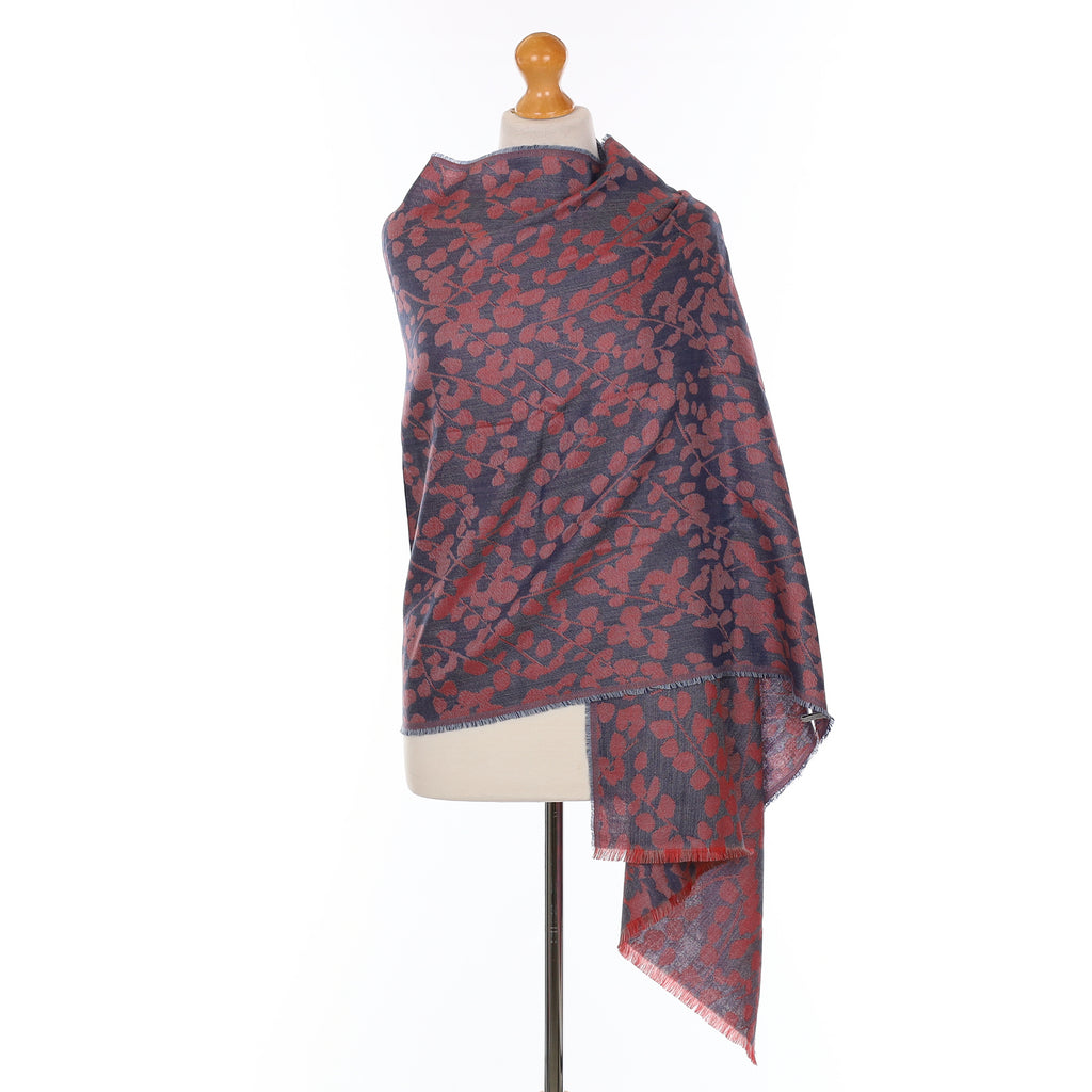 Brand New Begg & Co Vermillion and Naval Blue Floral Cashmere Blend Woven Wrap