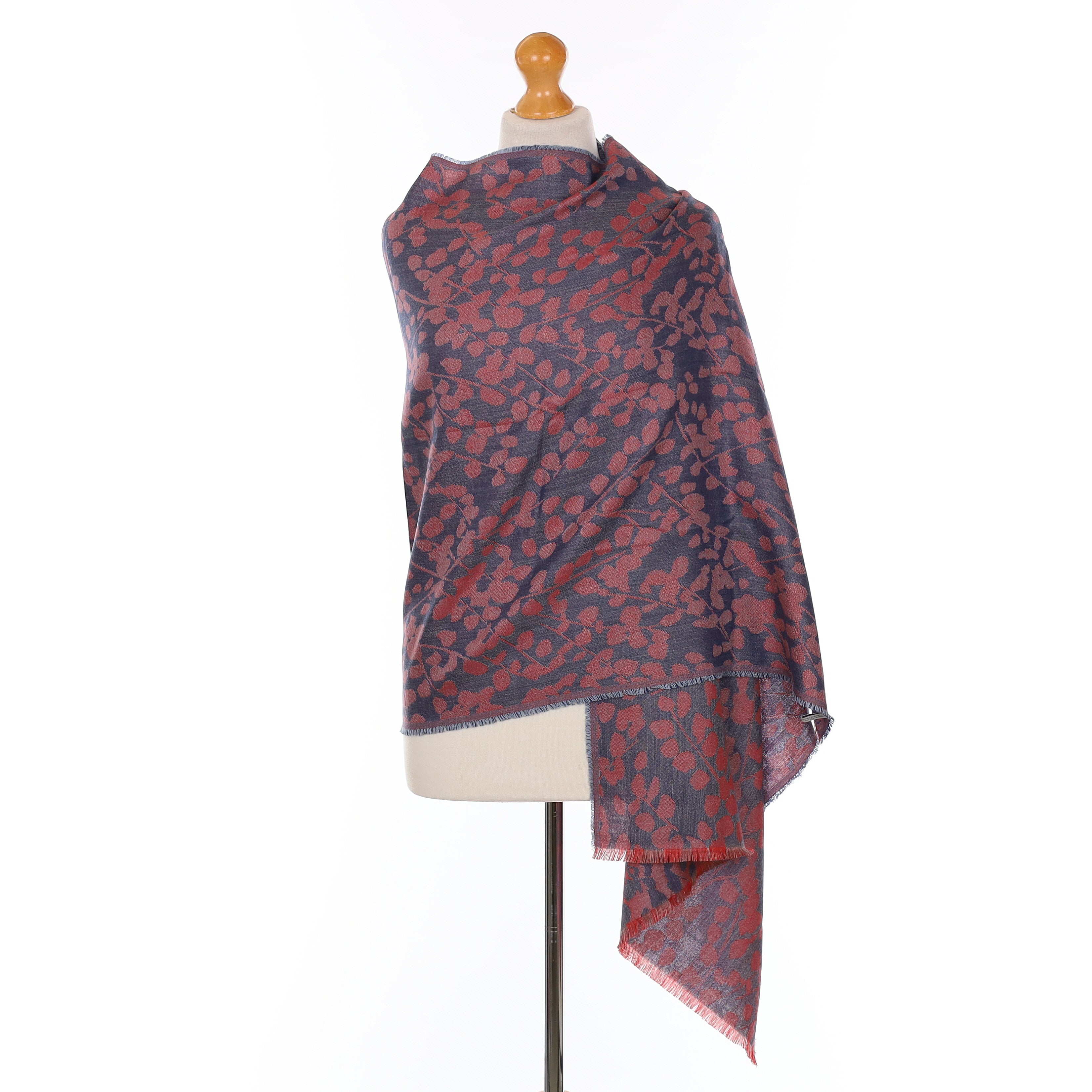Brand New Begg & Co Vermillion and Naval Blue Floral Cashmere Blend Woven Wrap