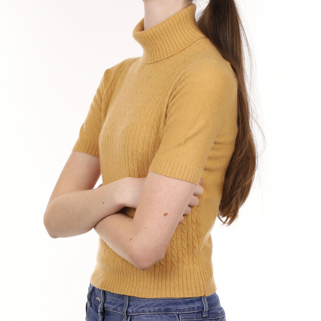 Golden Brown Cable Cashmere Short Sleeved Polo Neck Jumper Extra Small