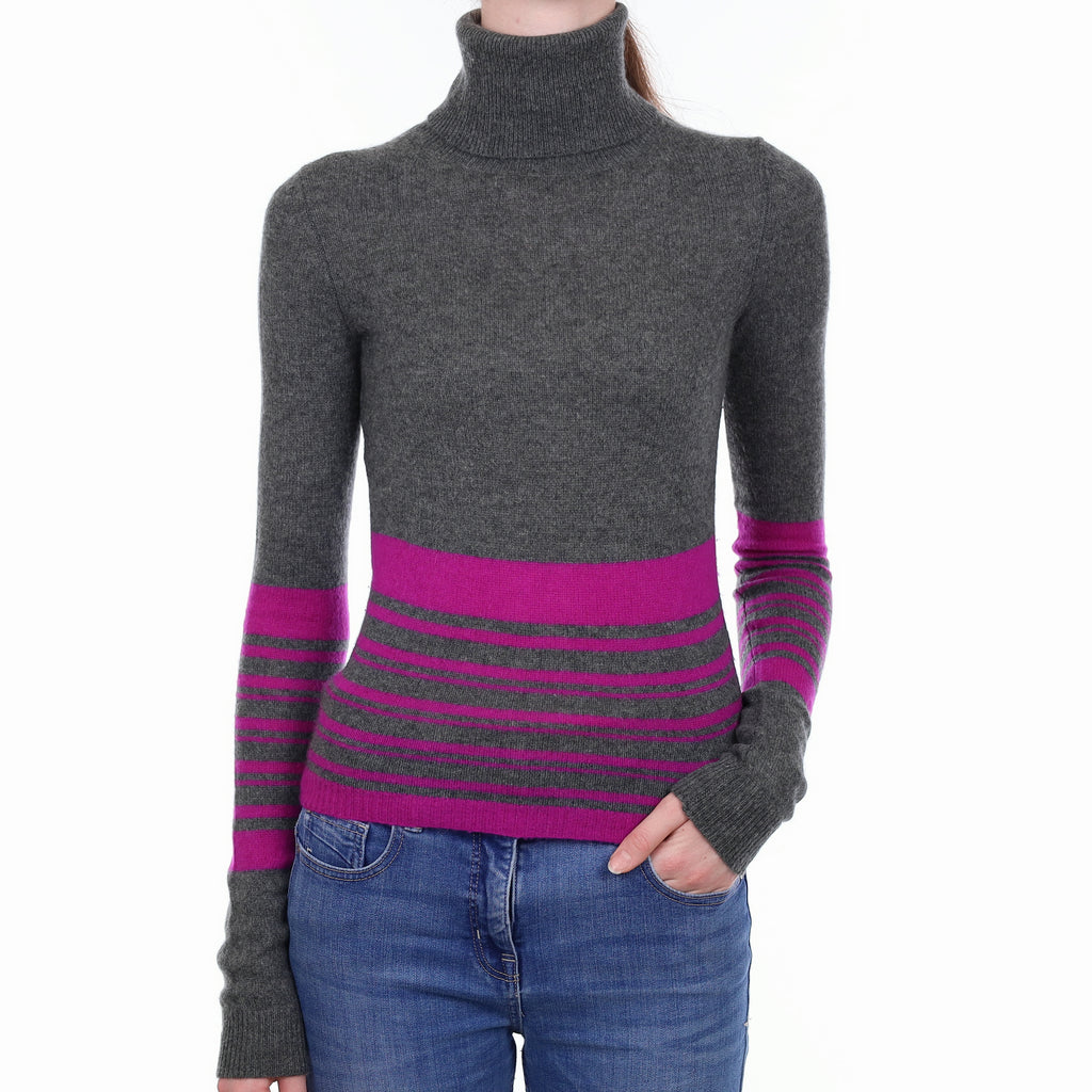 Grey and Magenta Striped Cashmere Polo Neck Jumper Extra Small