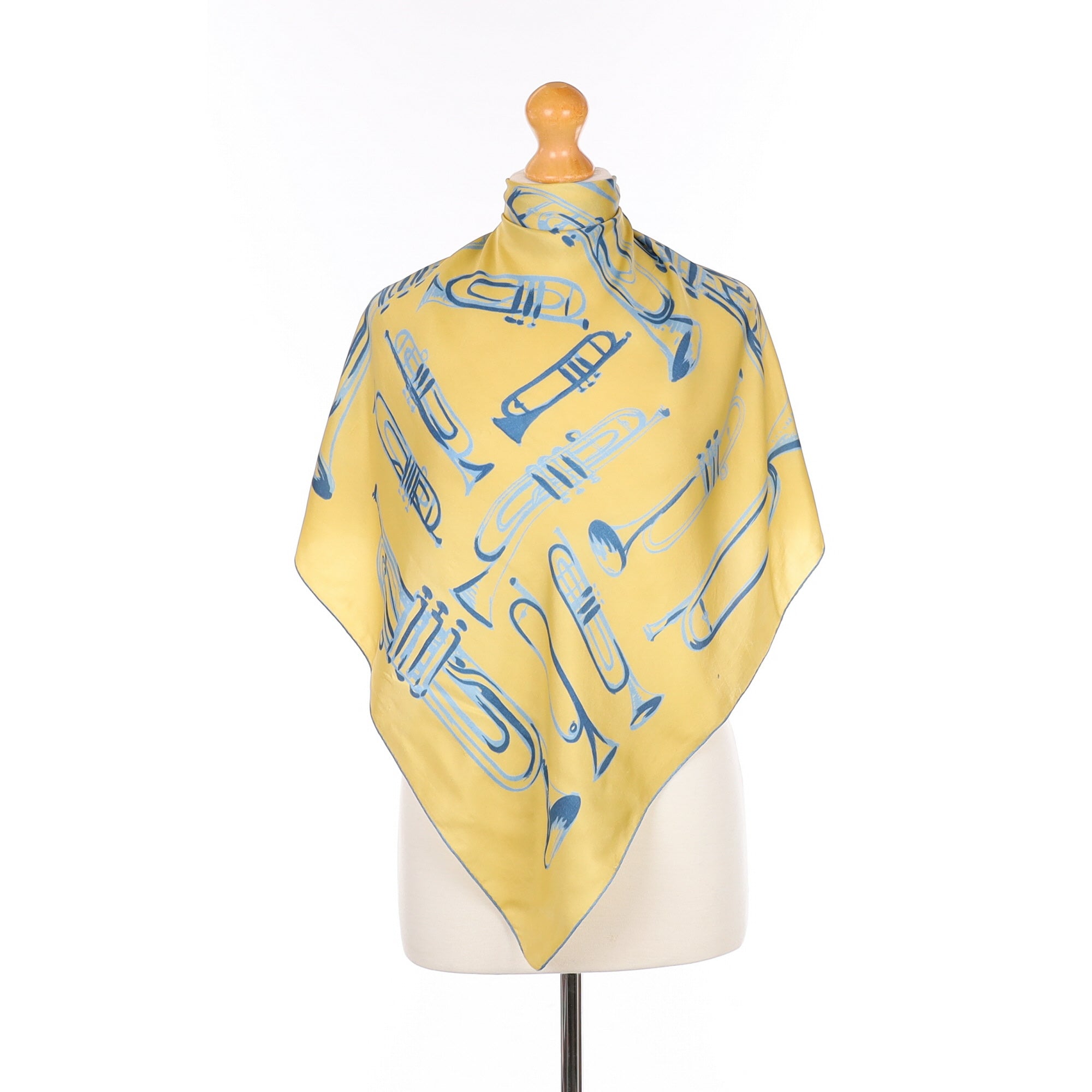 Yellow and Blue Trumpet Motif Vintage Silk Scarf